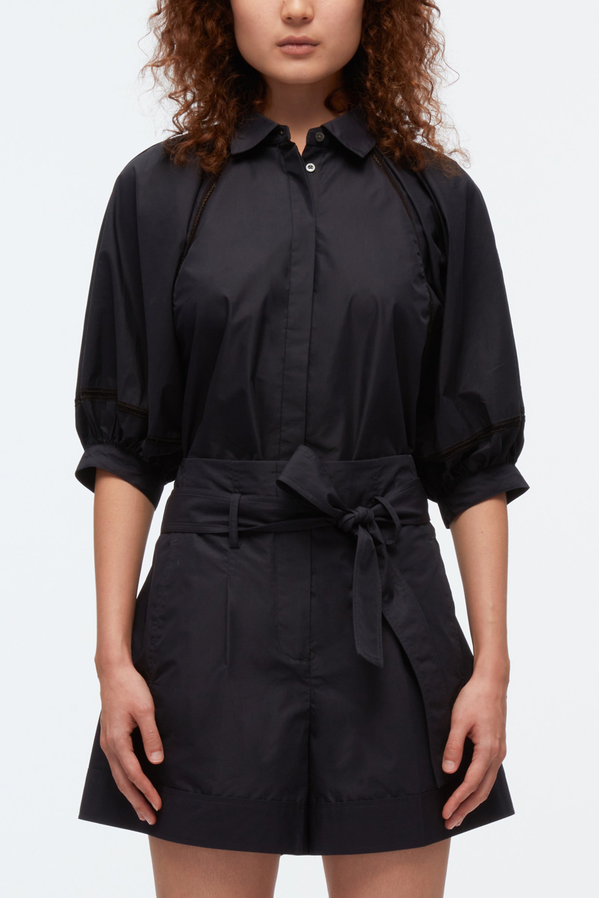 Lantern Sleeve V Neck Slim Shirt
