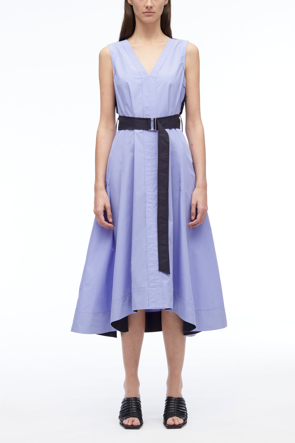 V-Neck Belted Poplin Midi Dress