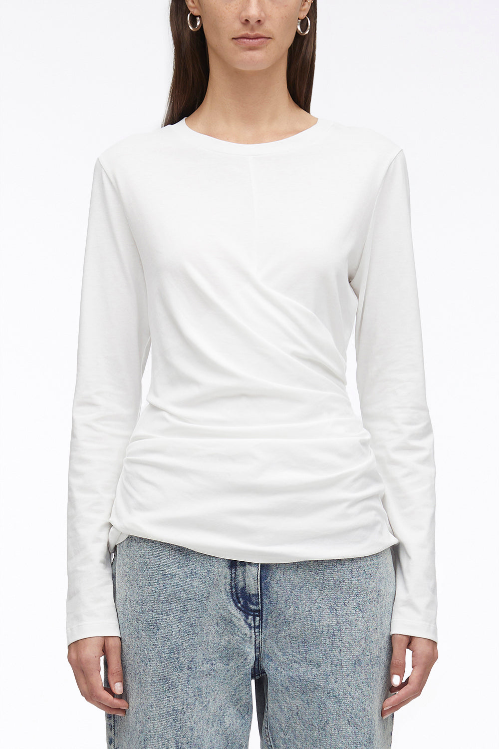 Long Sleeve Draped Cotton Jersey T-Shirt