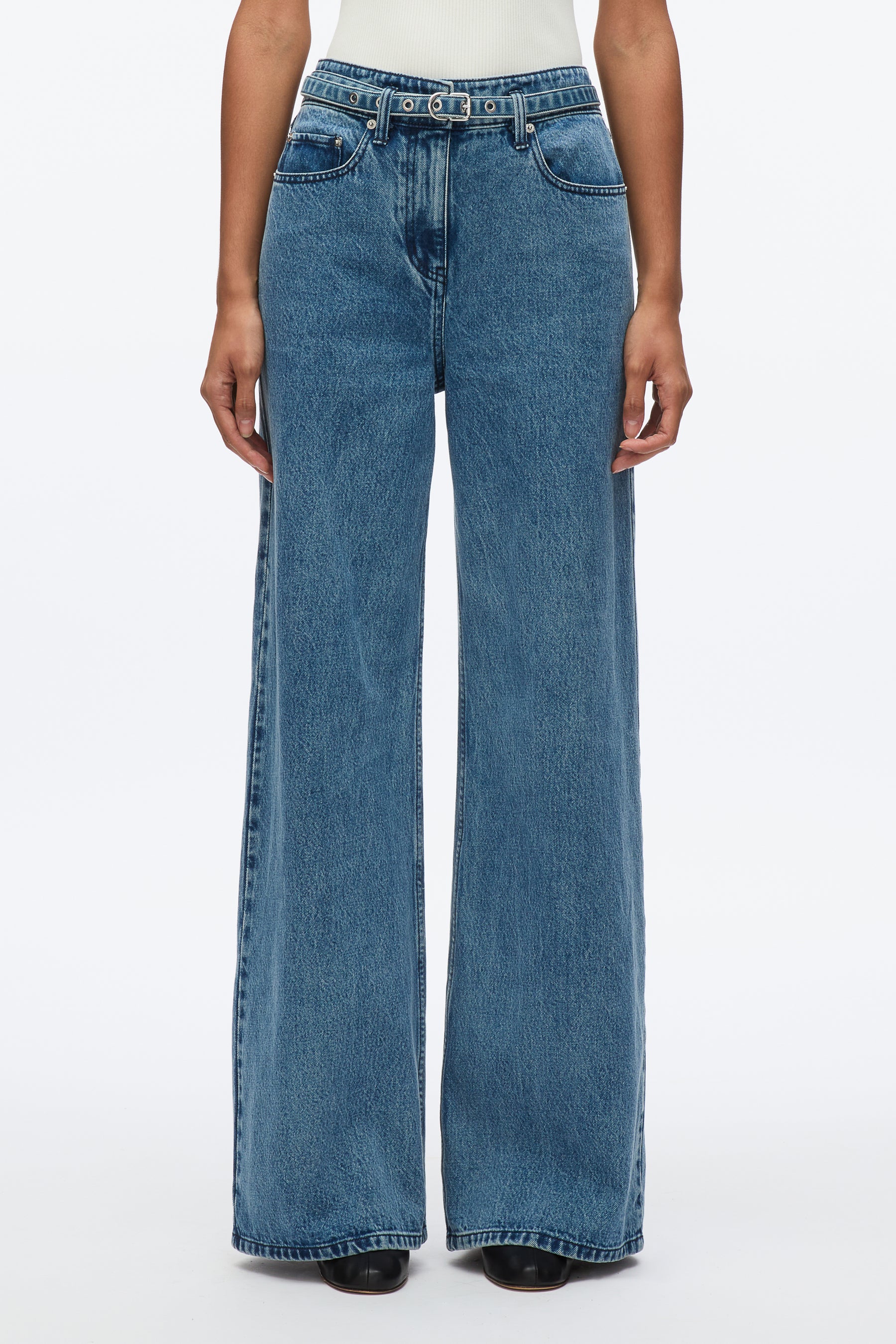 Denim Wide-Leg Belted Jeans