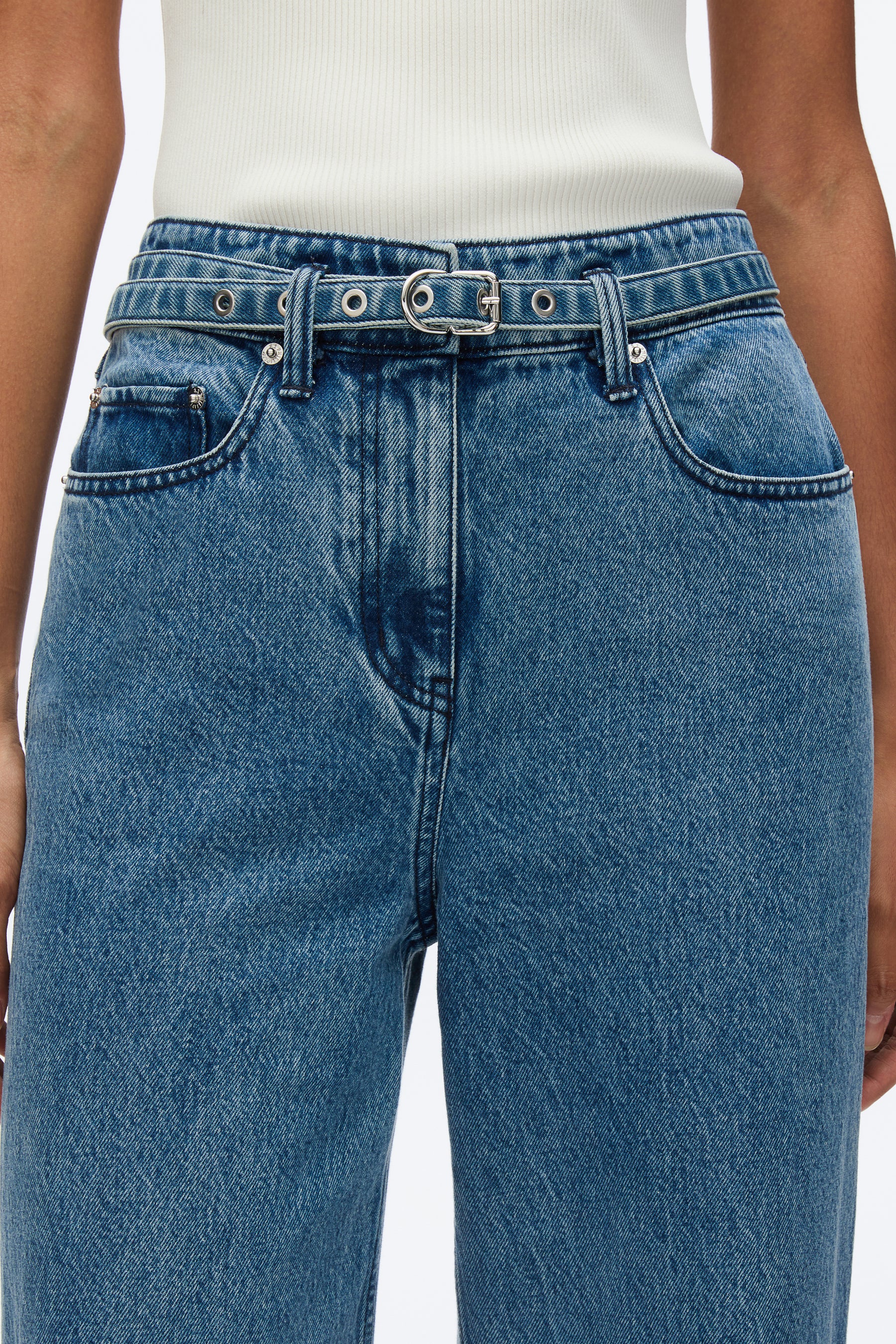 Denim Wide-Leg Belted Jeans