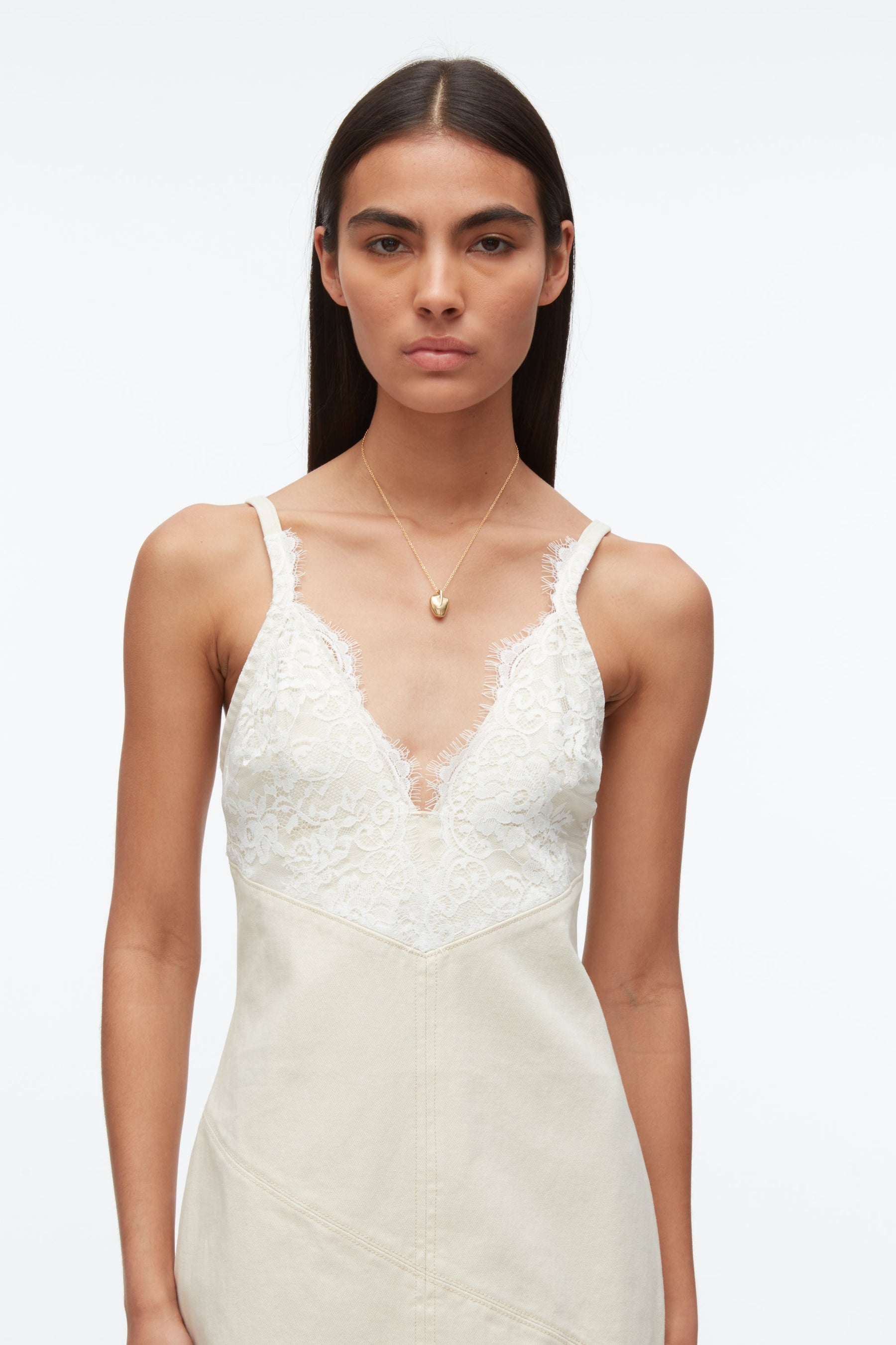 chinese dress ladies Blue B Denim and Lace Cami Top Midi Dress in White Black – June Adel main image 1
