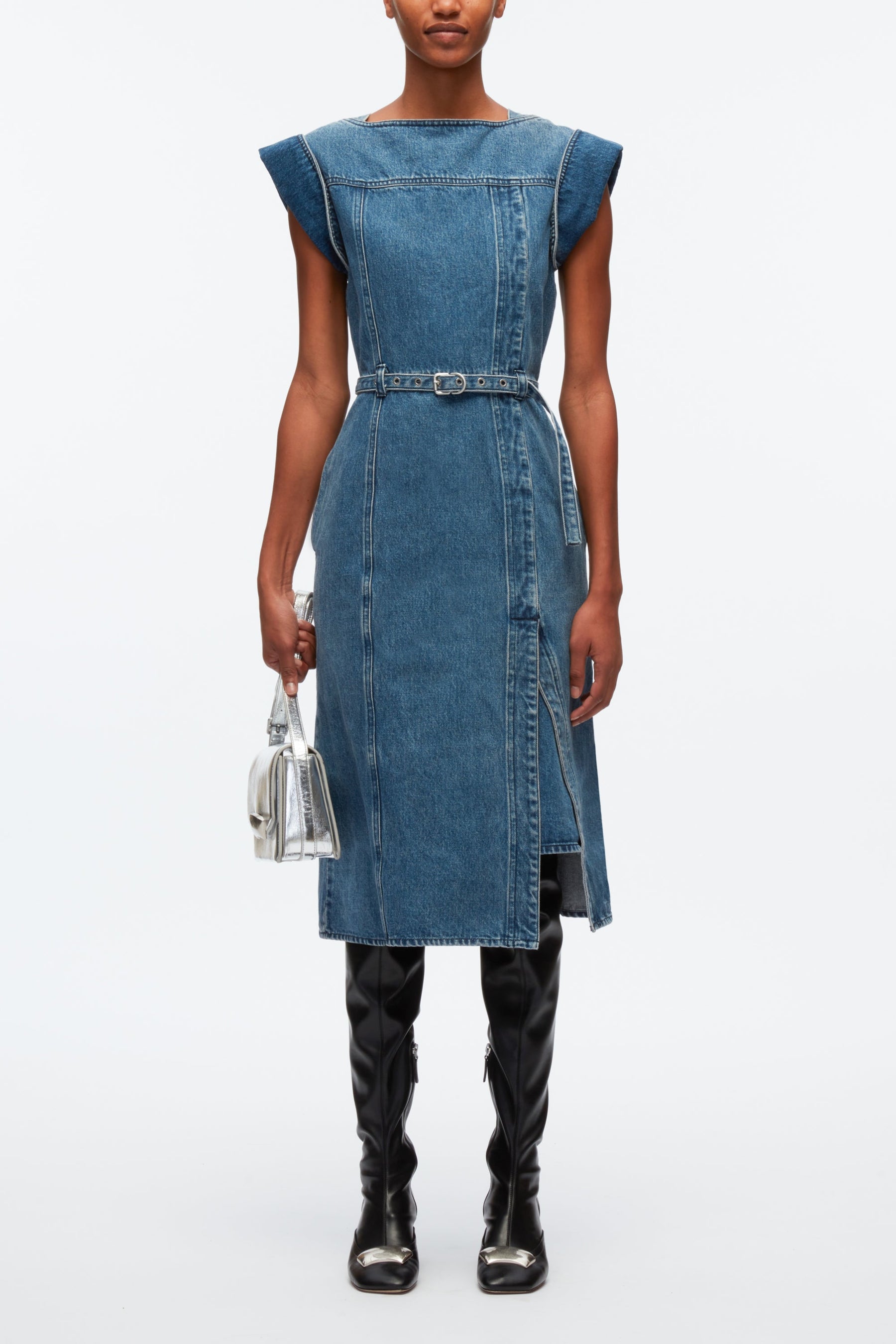 Blue Deconstructed Belted Denim Dress