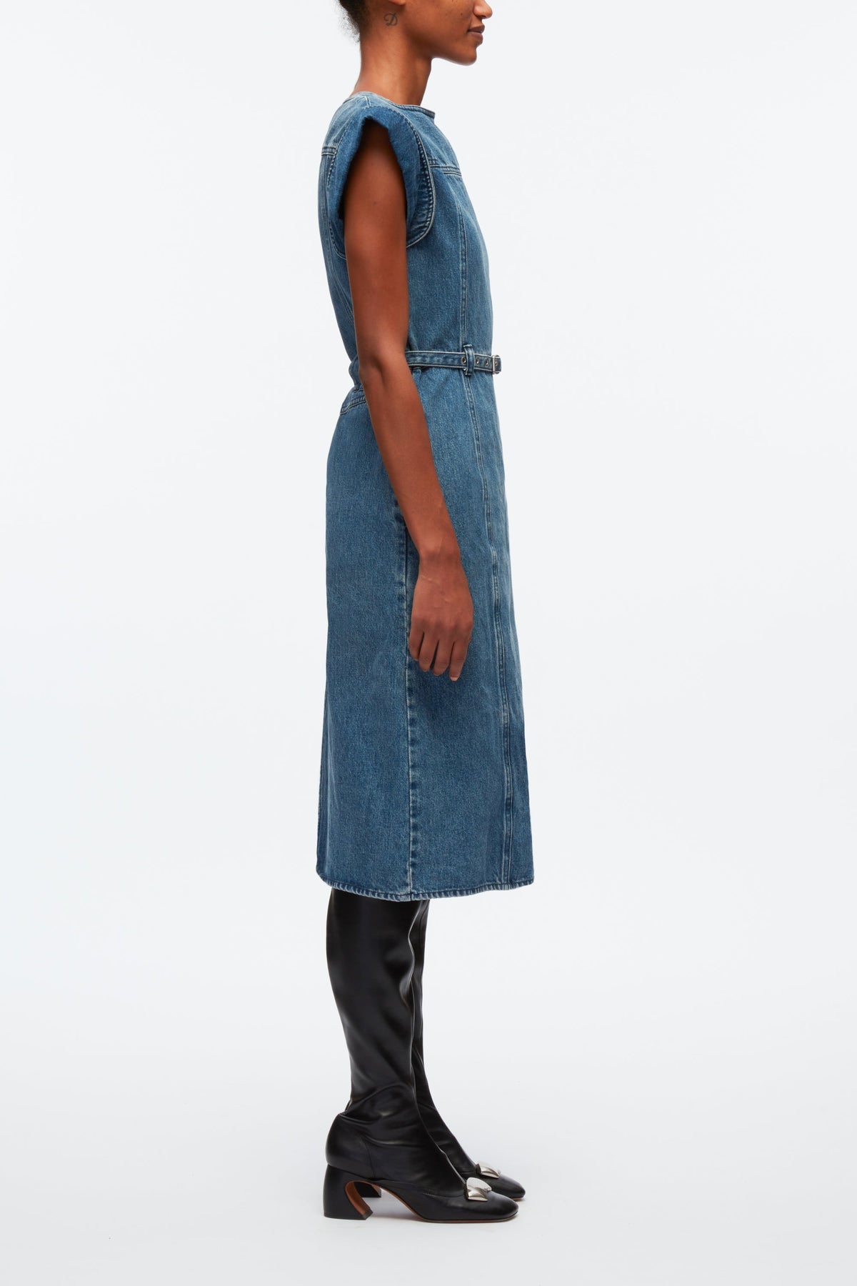 Blue Deconstructed Belted Denim Dress