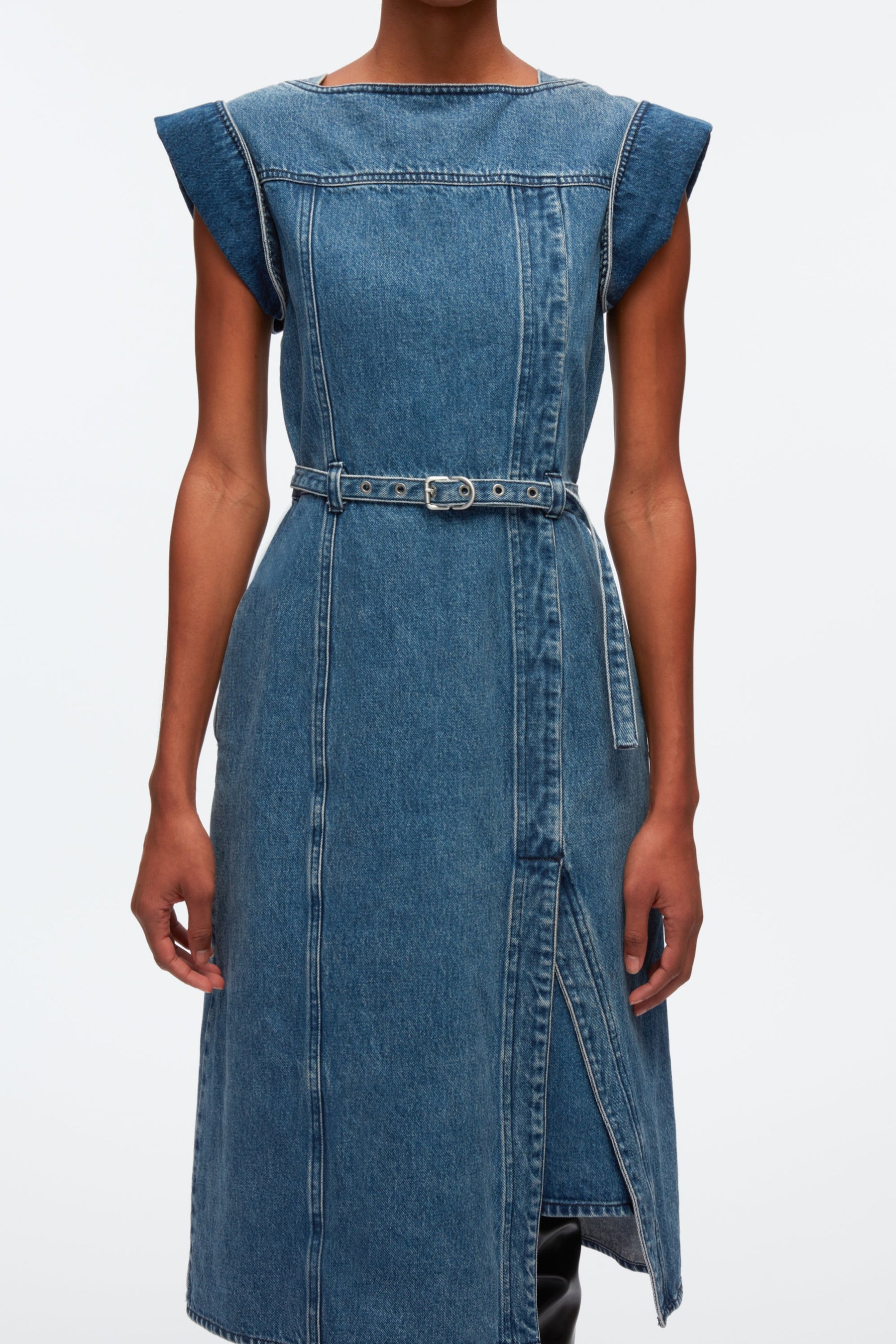 Blue Deconstructed Belted Denim Dress