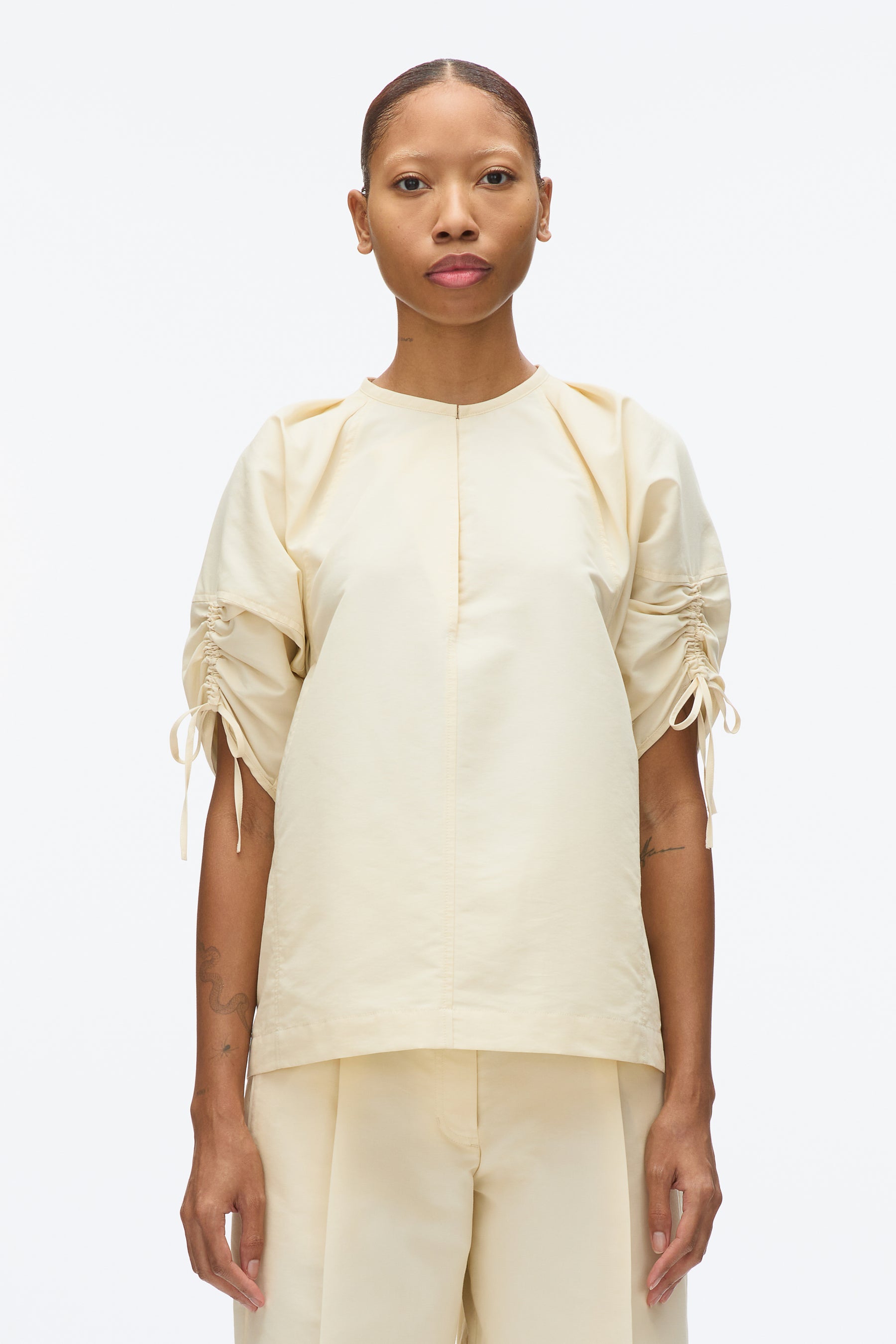 Gathered Sleeve Band Collar Top