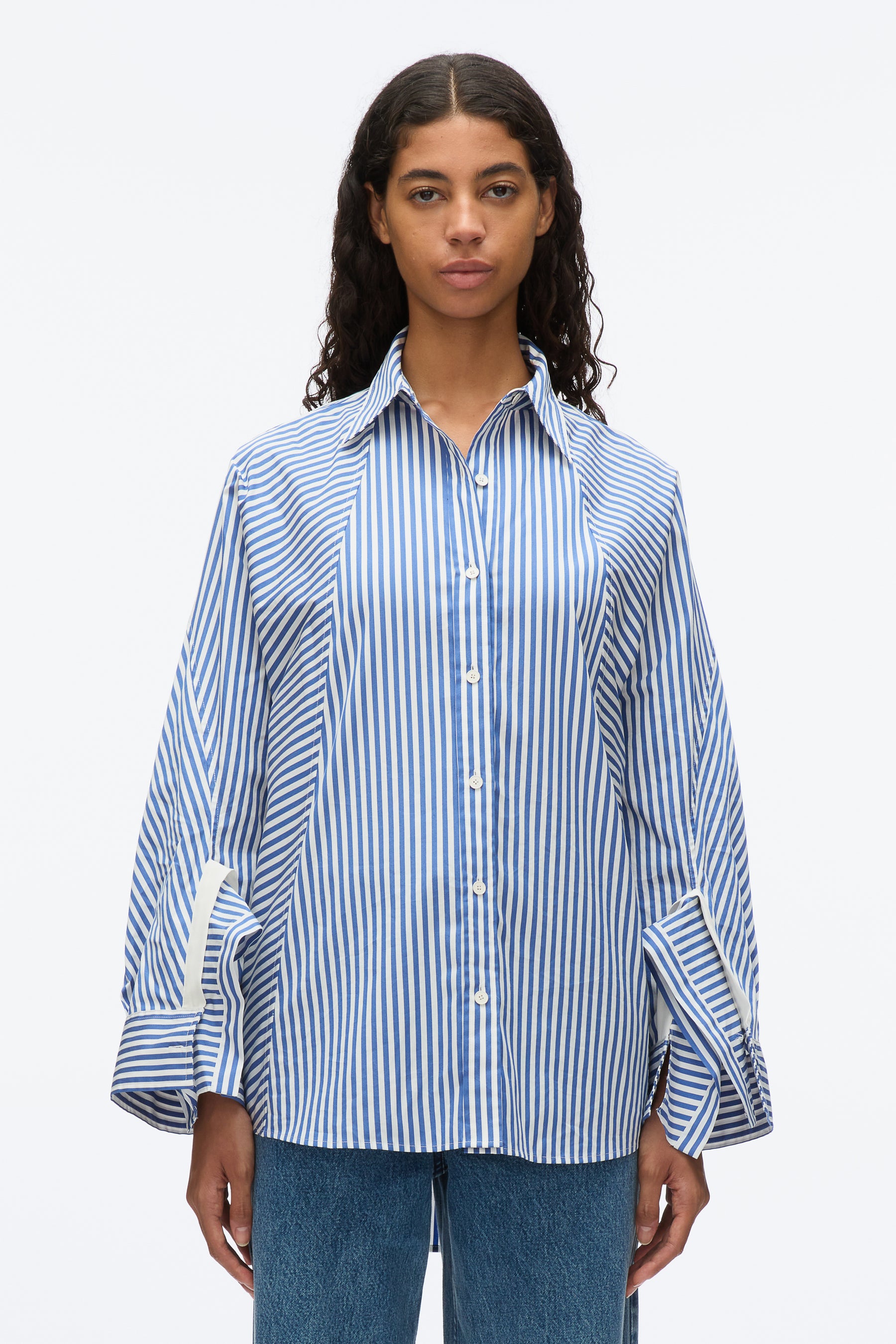 Oversized Stripe Shirt with Cascade Sleeves