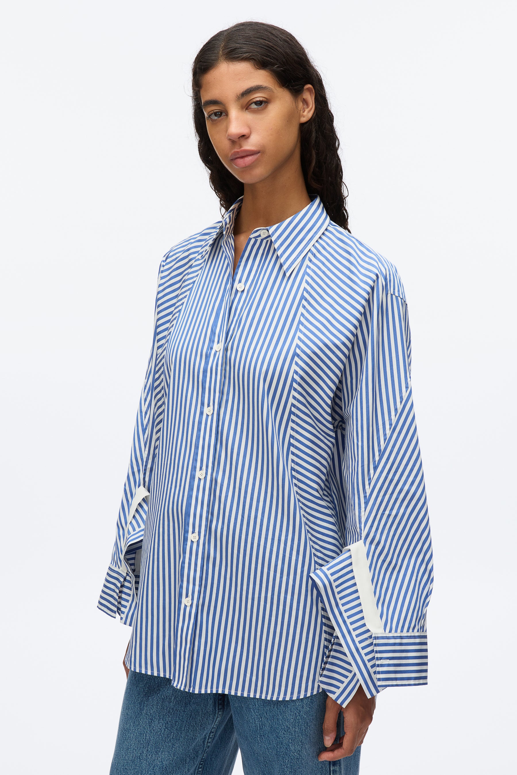 Oversized Stripe Shirt with Cascade Sleeves