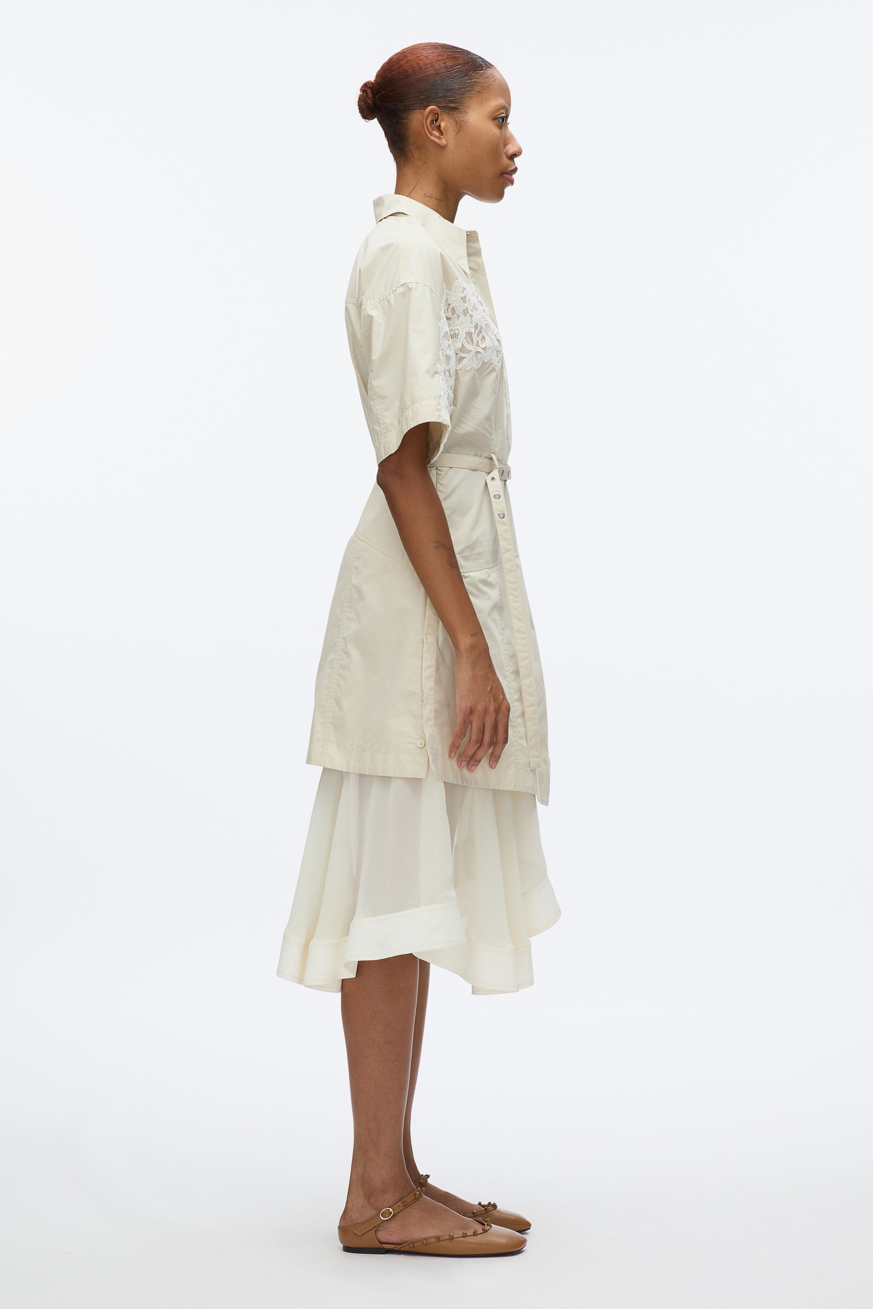 Cascade Hem Shirt Dress with Lace - Stone
