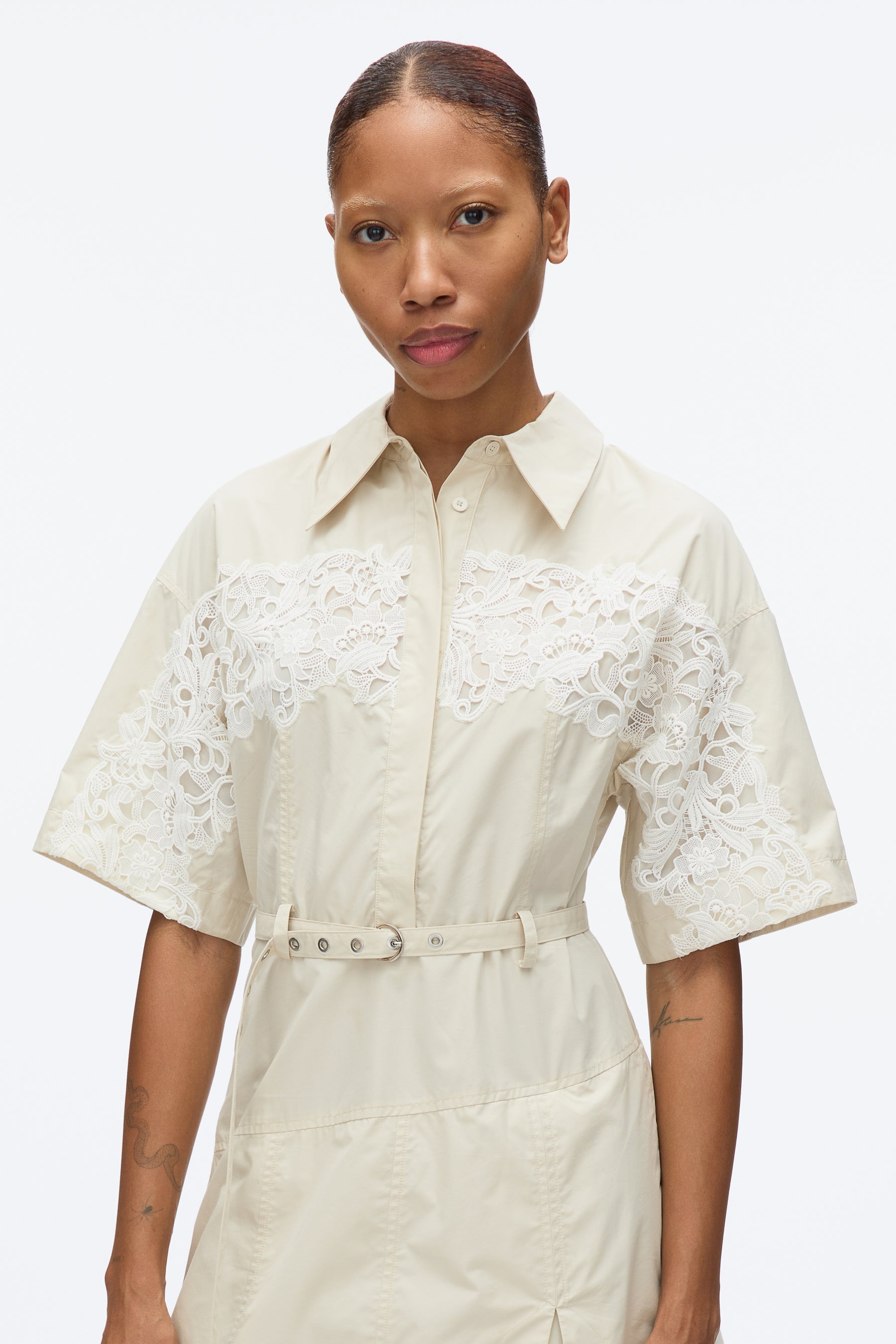Cascade Hem Shirt Dress with Lace - Stone