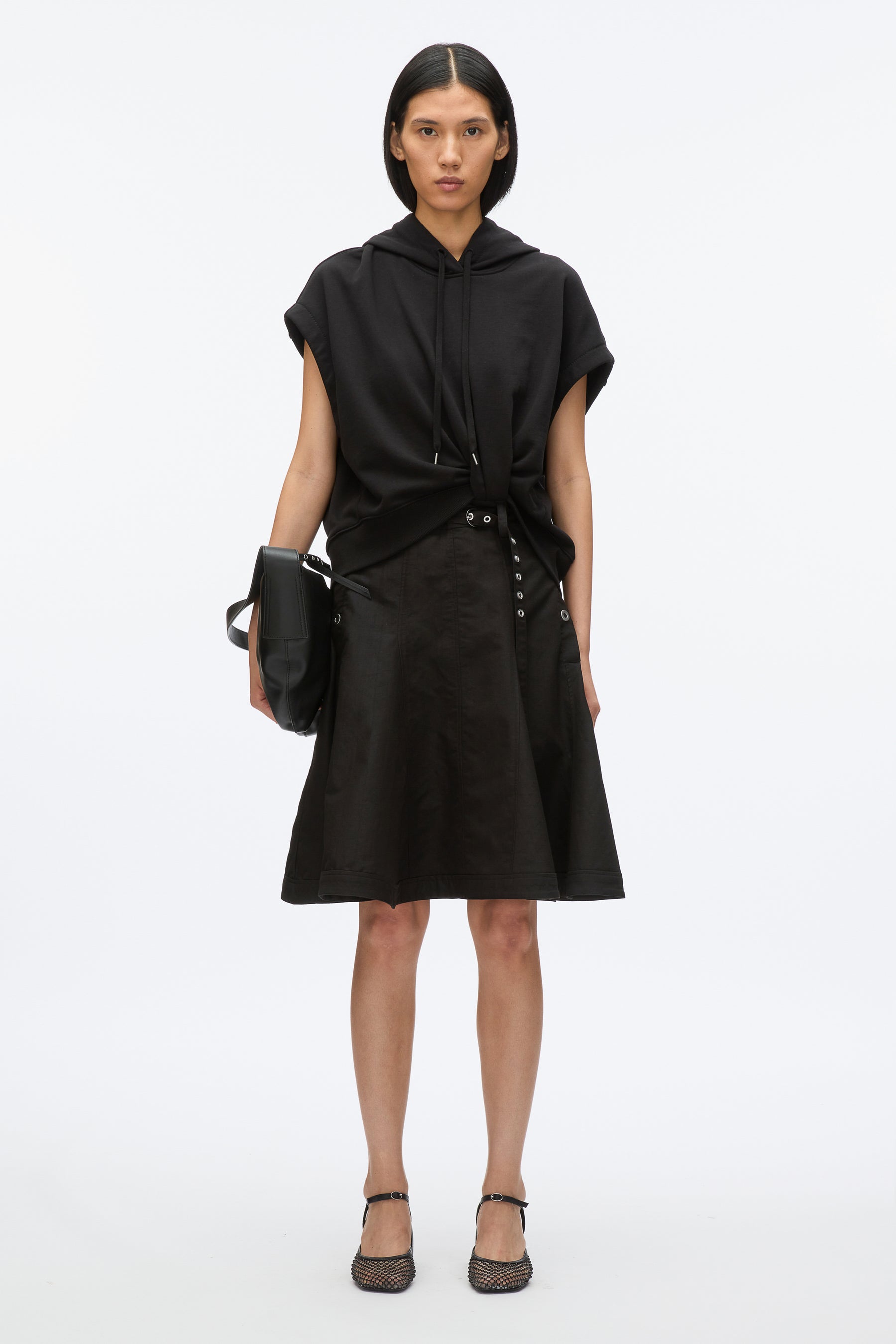 Hoodie Dress with Flounce Skirt - Black-Black
