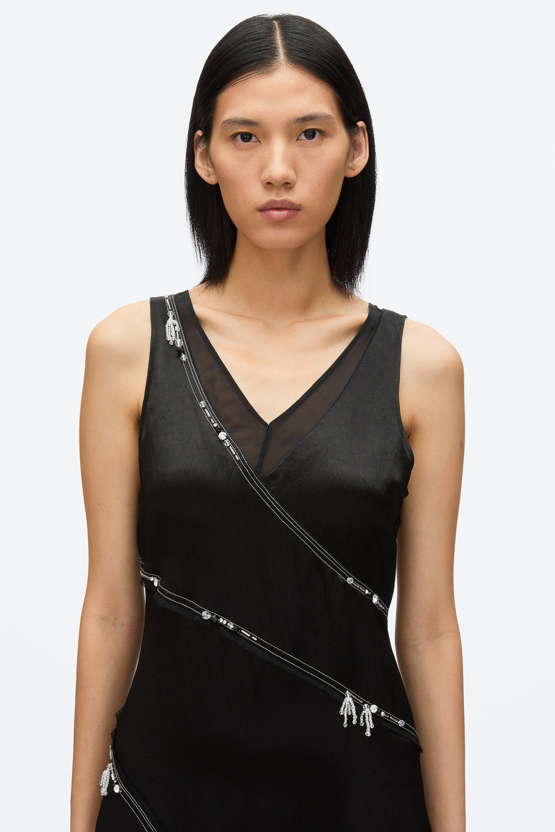 Embroidered V-Neck Satin Gown