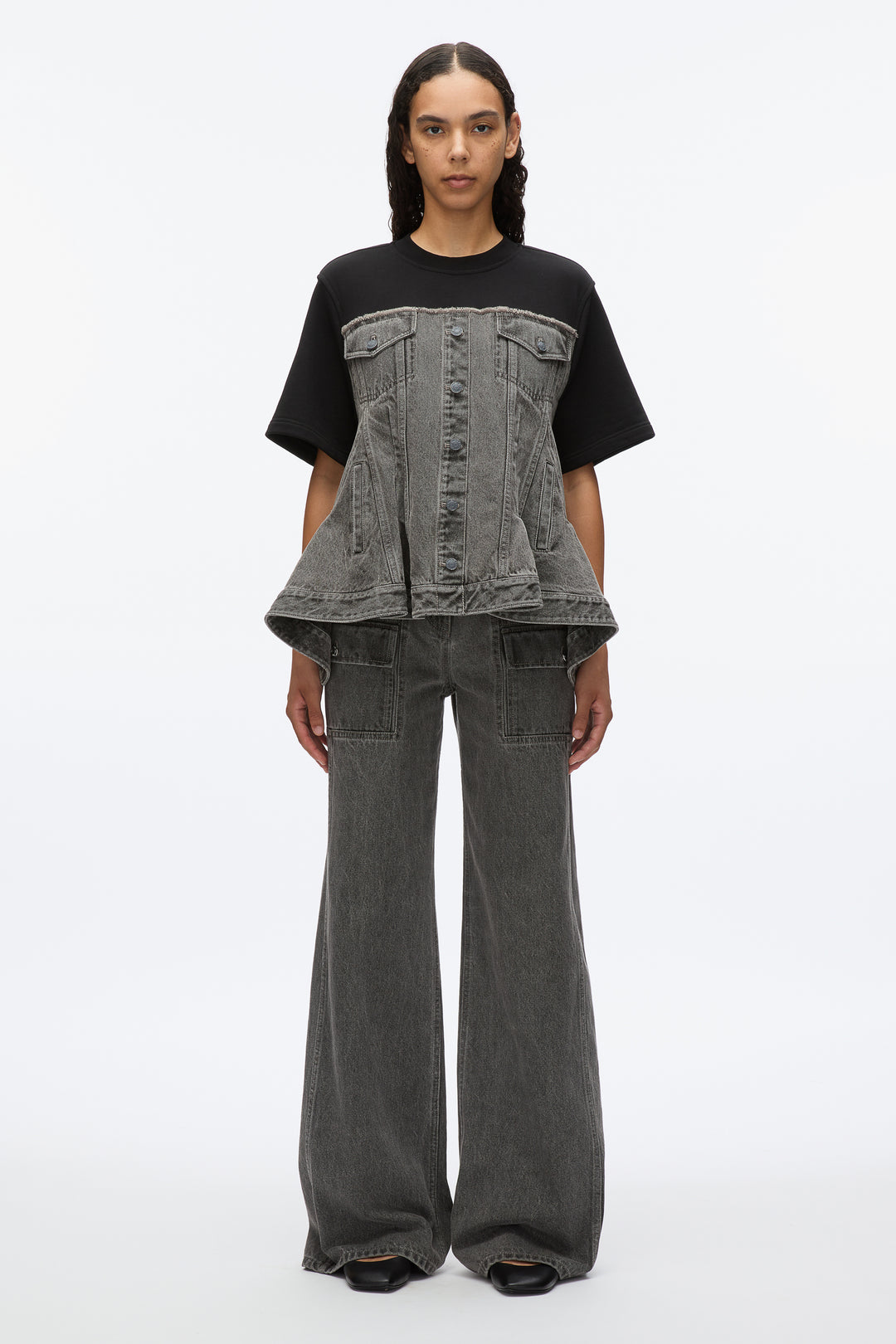Flounce Hem Hybrid Denim Top