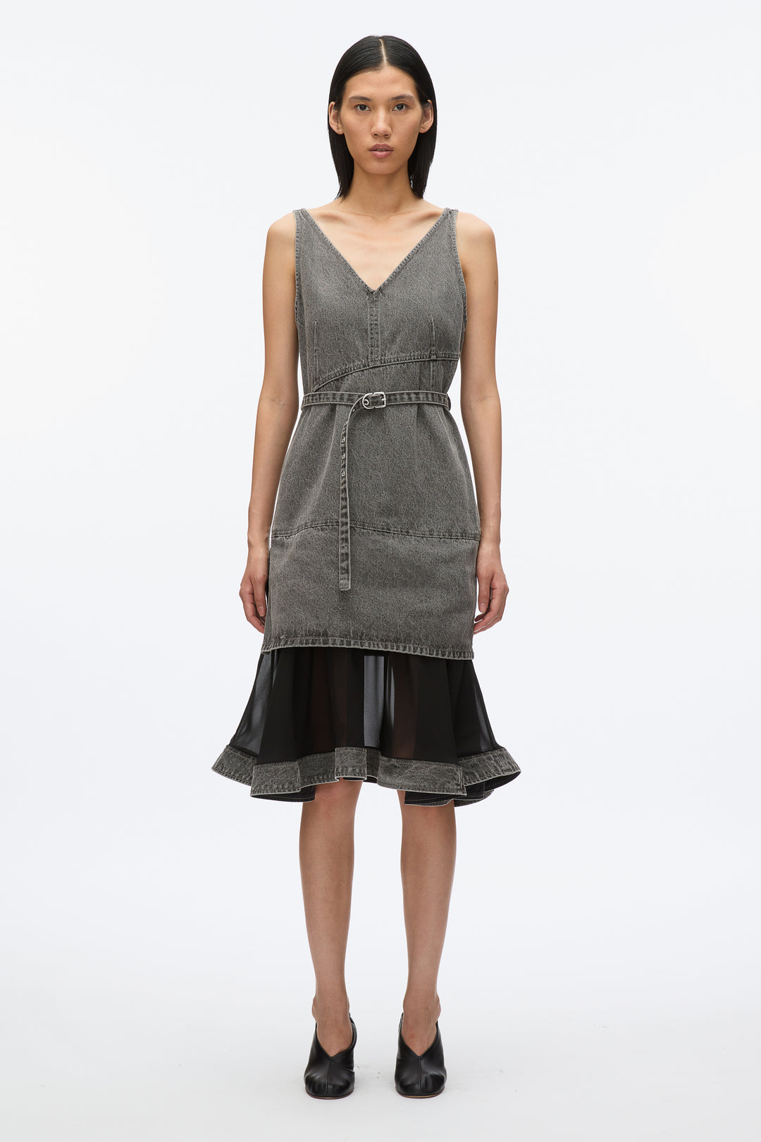 Denim V-Neck Dress with Chiffon Hem