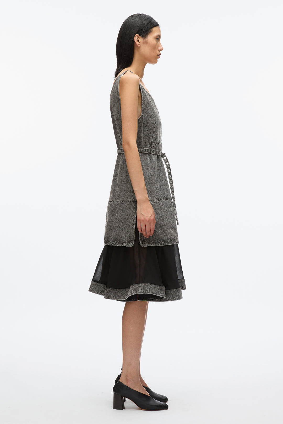 Denim V-Neck Dress with Chiffon Hem