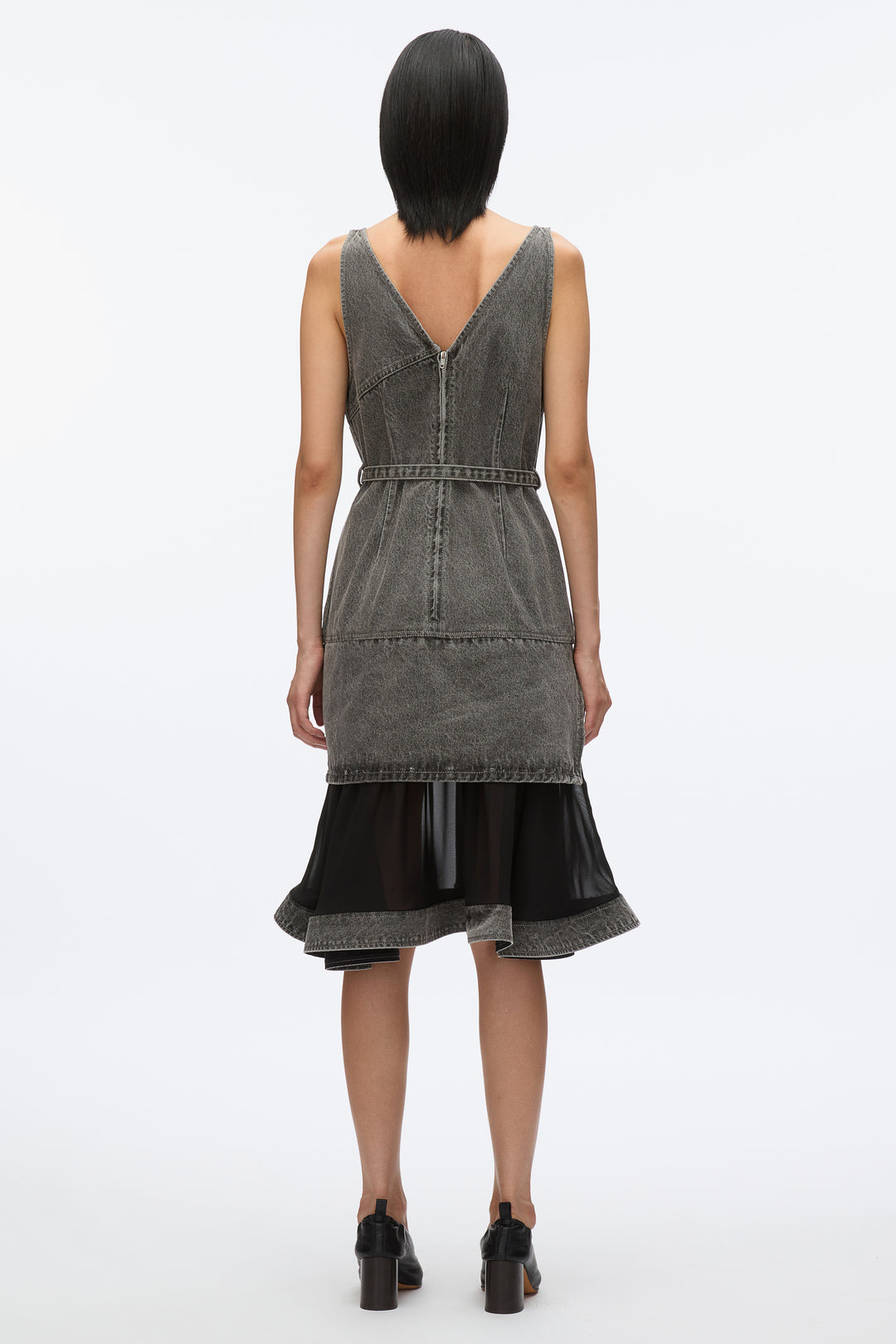 Denim V-Neck Dress with Chiffon Hem