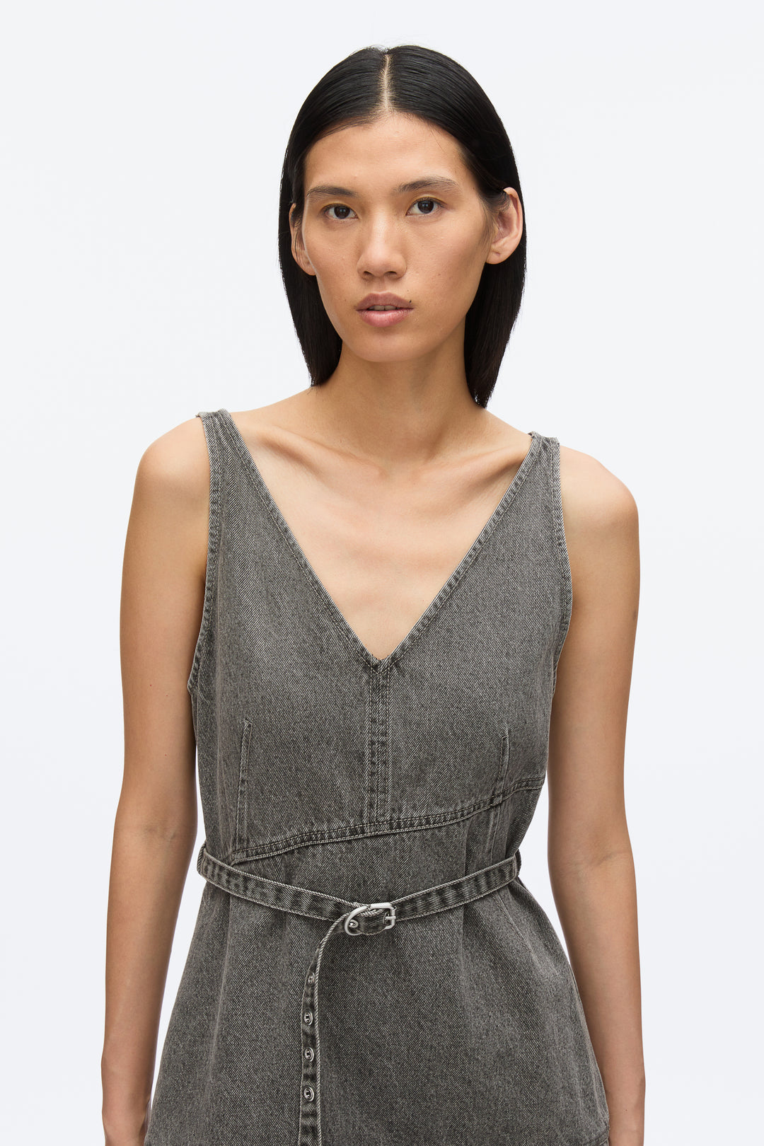 Denim V-Neck Dress with Chiffon Hem