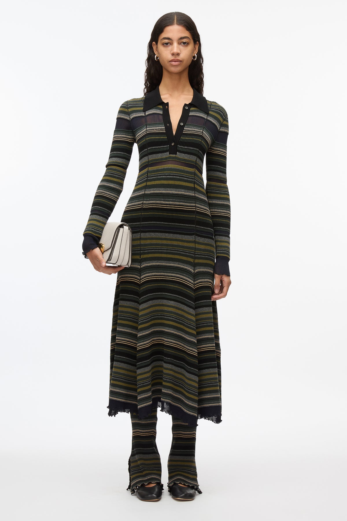 Reversible Stripe Knit Polo Dress - Black Multi