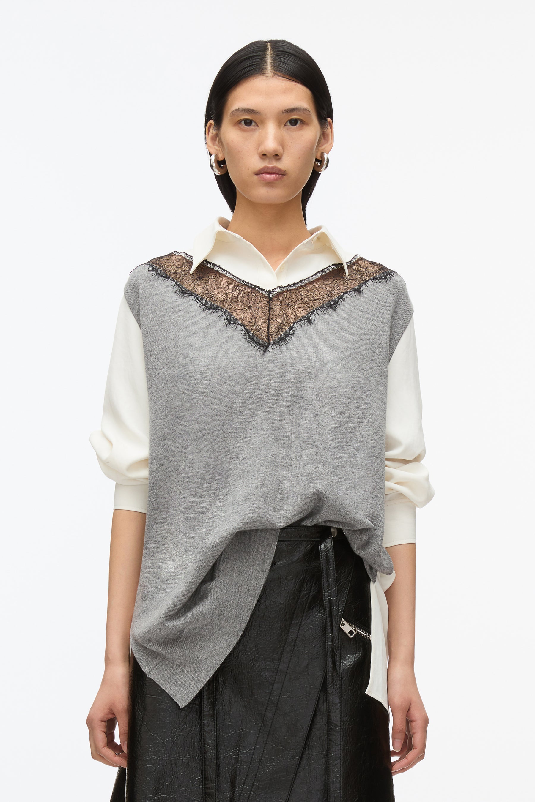 Knit Combo Shirt With Lace Inlay