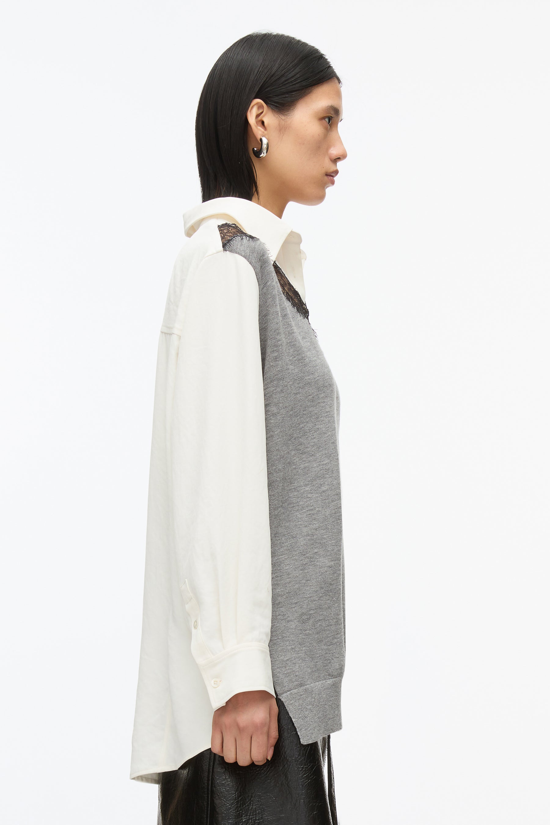 Knit Combo Shirt With Lace Inlay