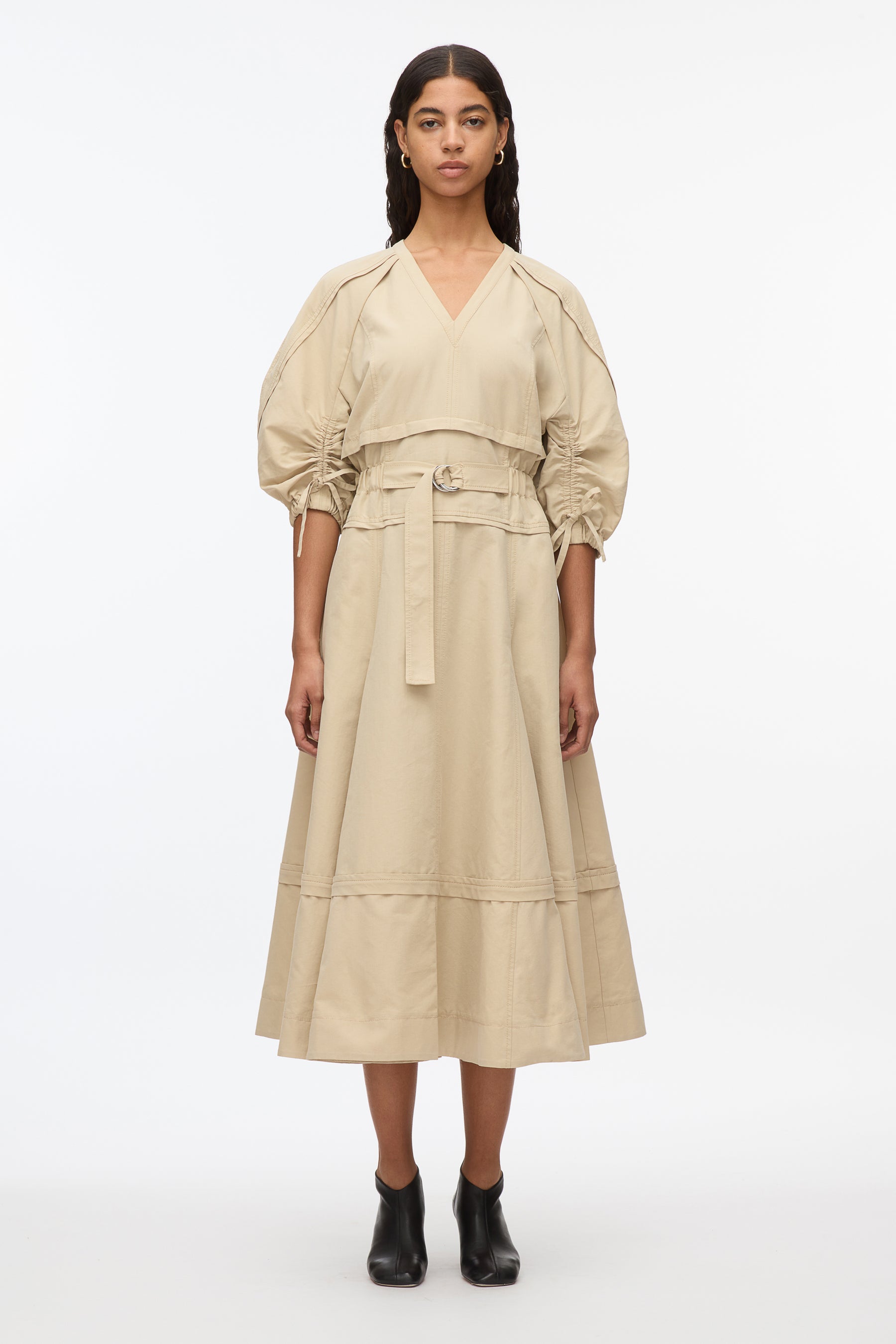 Cinched V-Neck Dress with Gathered Sleeves