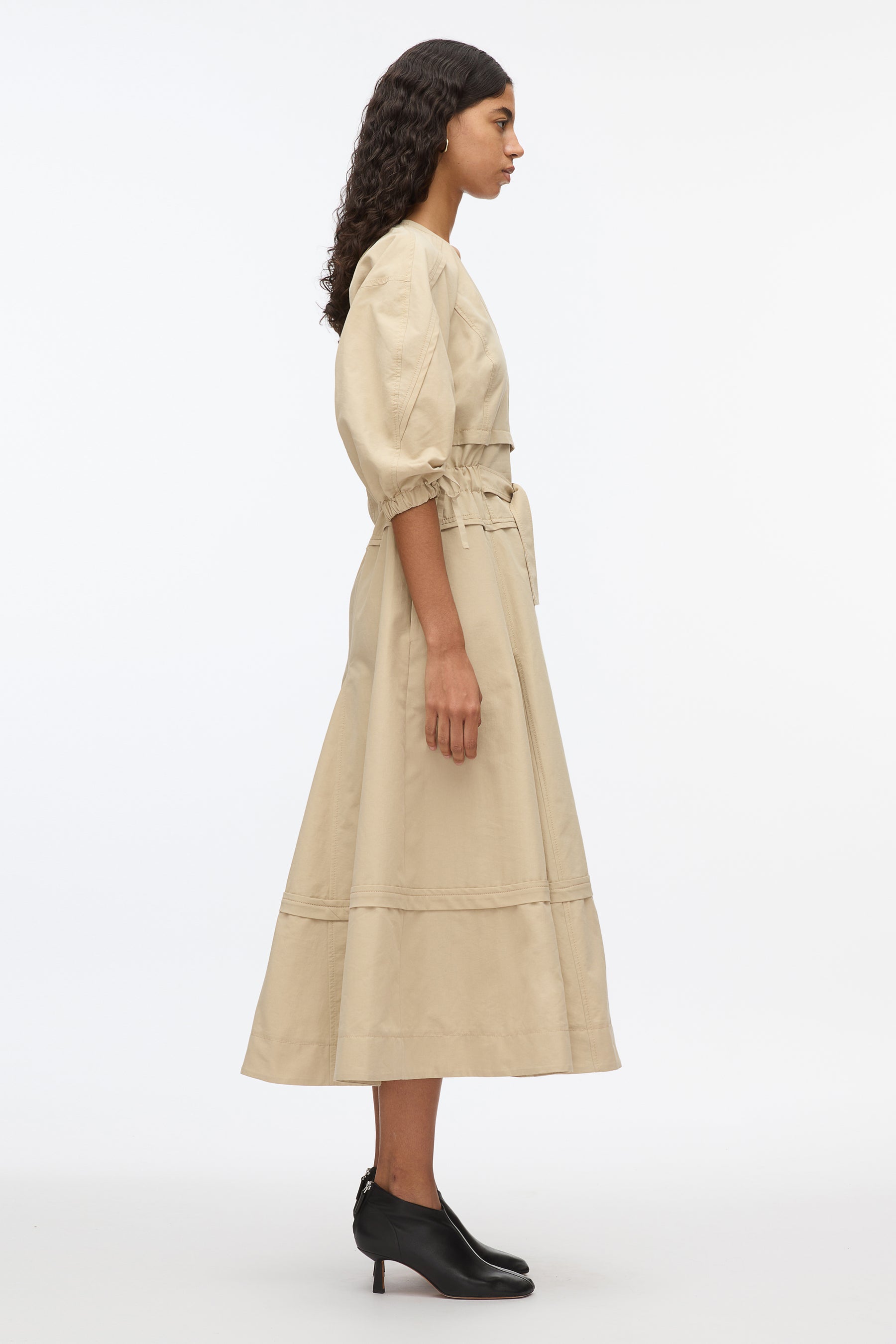 Cinched V-Neck Dress with Gathered Sleeves