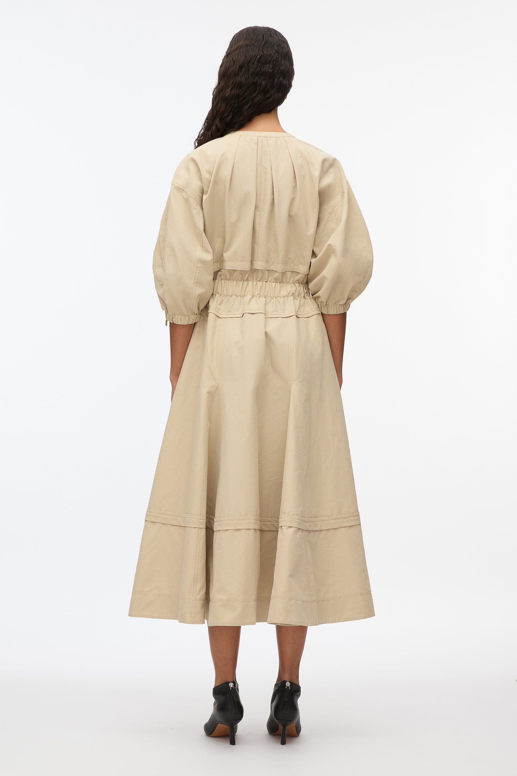 Cinched V-Neck Dress with Gathered Sleeves