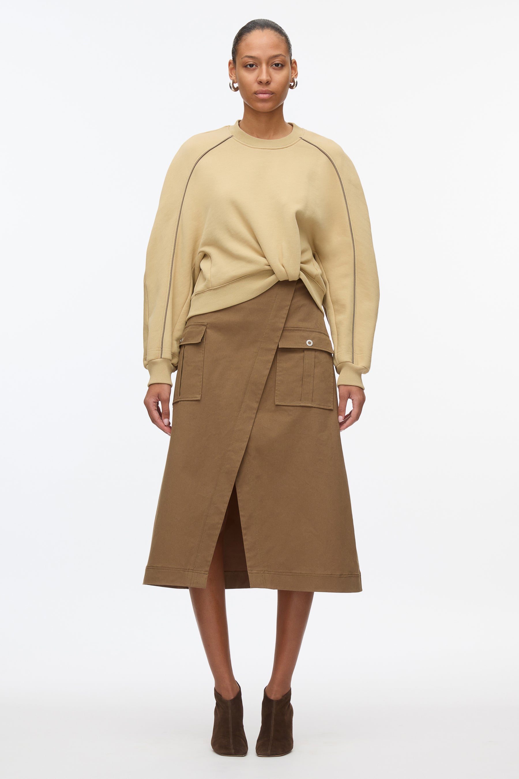 Draped Sweatshirt Utility Dress - KHAKI-OAK