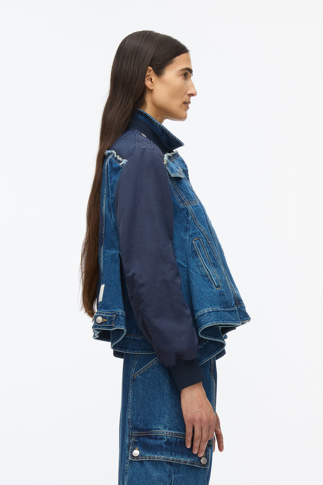 Hybrid Denim Flight Jacket With Flounce Hem