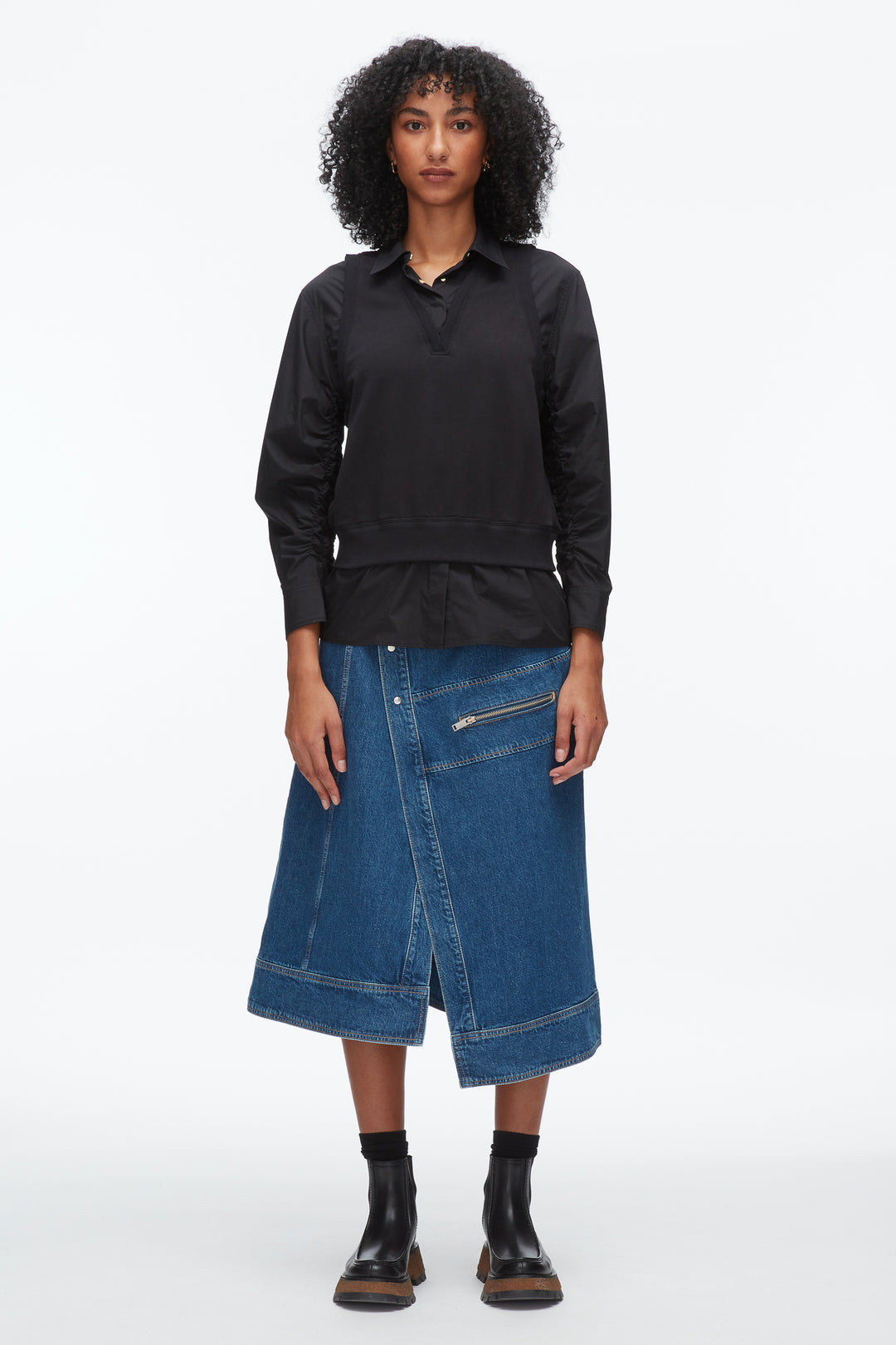 Layered Vest Ruched Sleeve Shirt