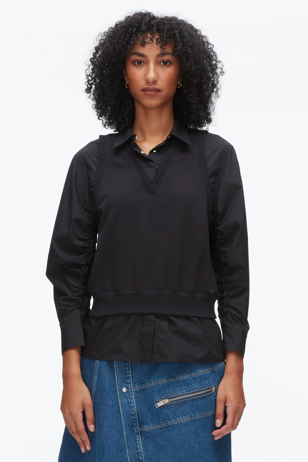 Layered Vest Ruched Sleeve Shirt