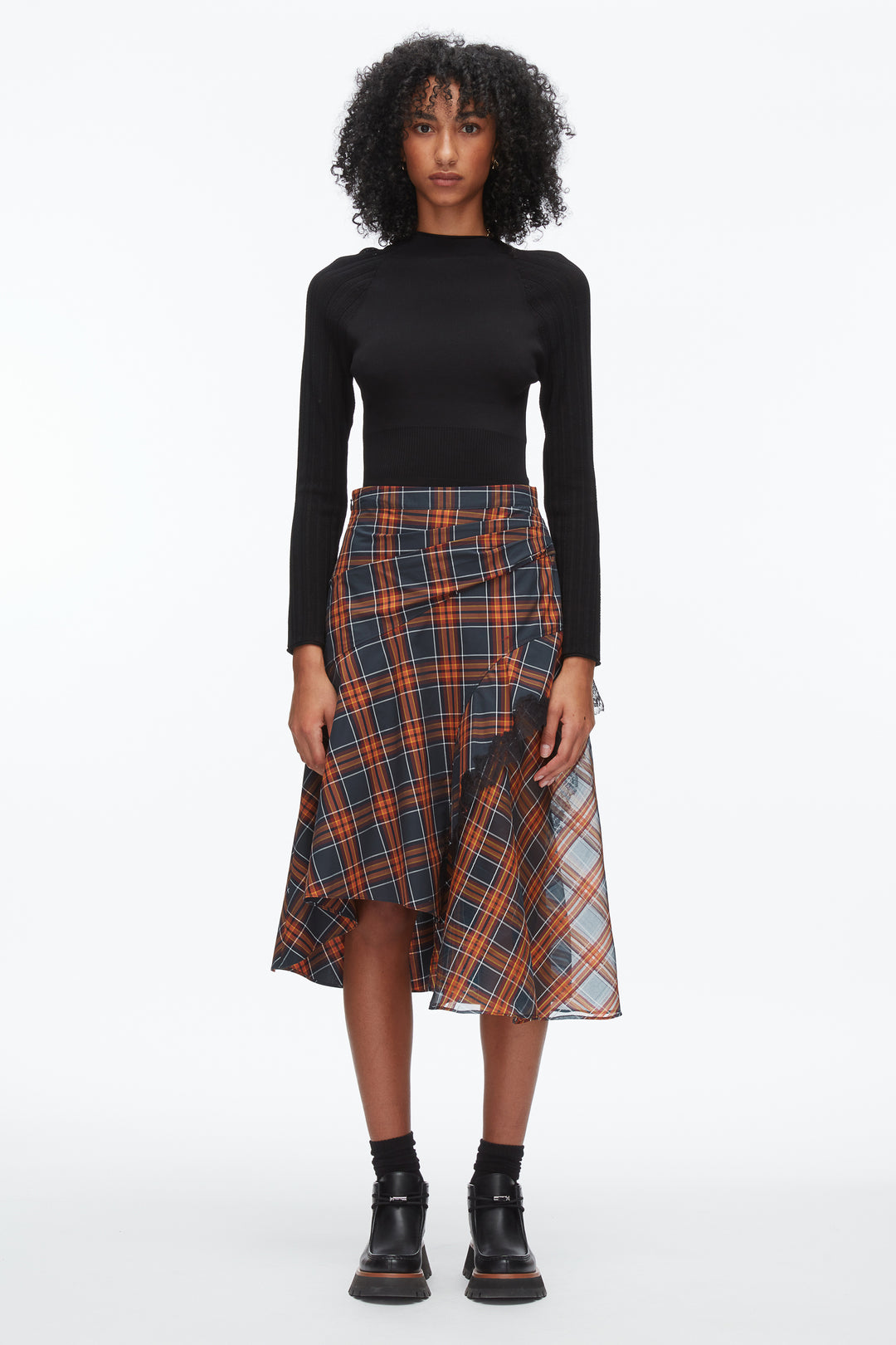 Plaid Mix Draped Midi Skirt