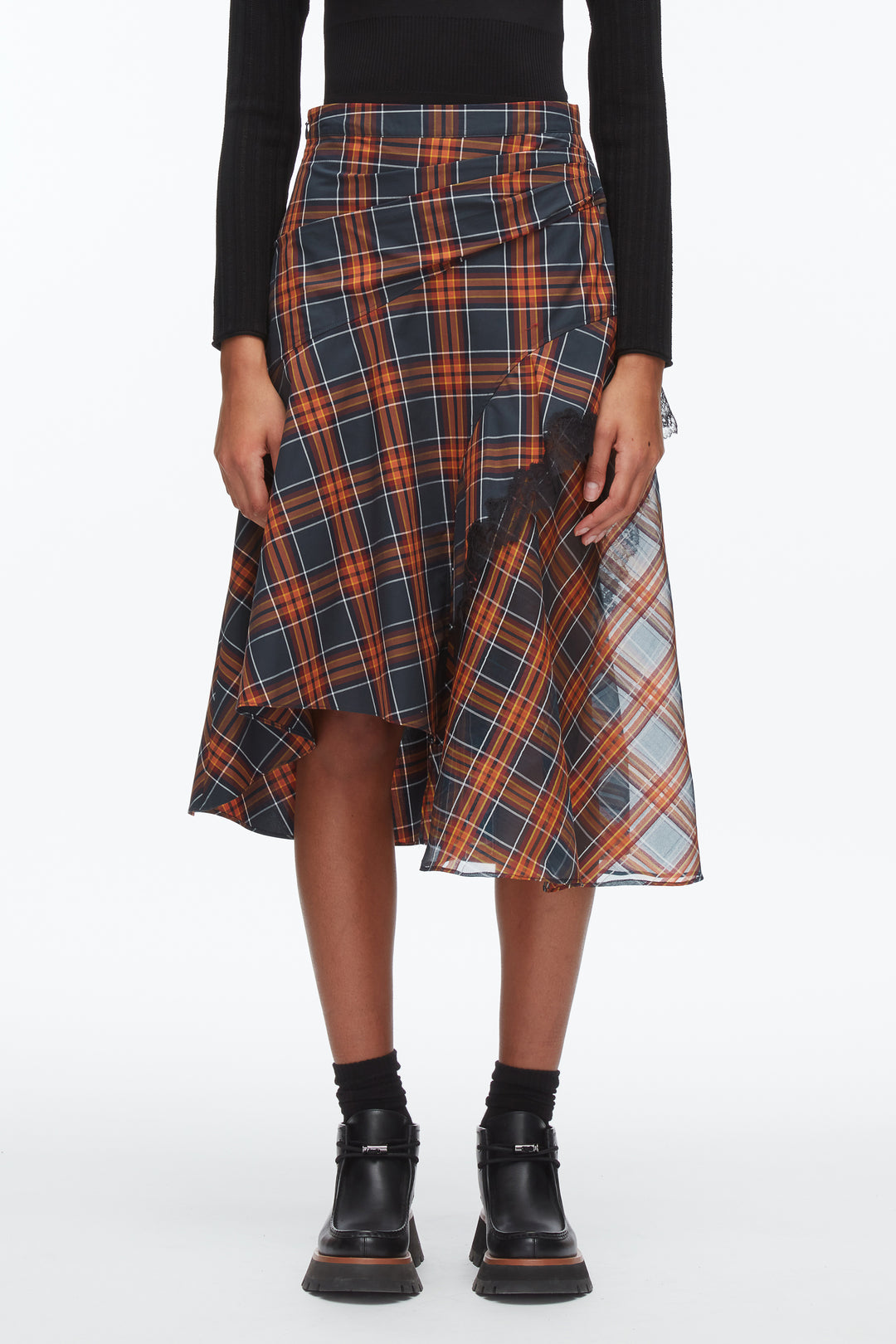 Plaid Mix Draped Midi Skirt