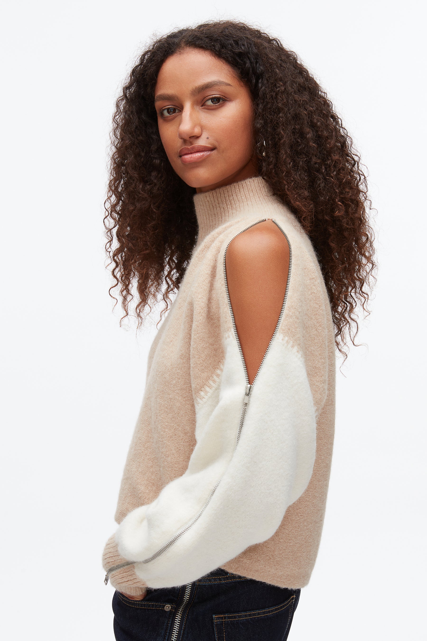 Colorblock Zip Sleeve Turtleneck
