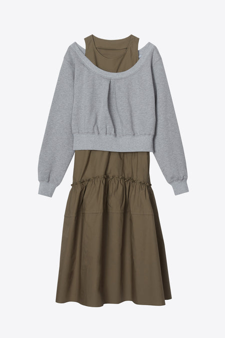 Lantern Sleeve Combo Pleat Dress