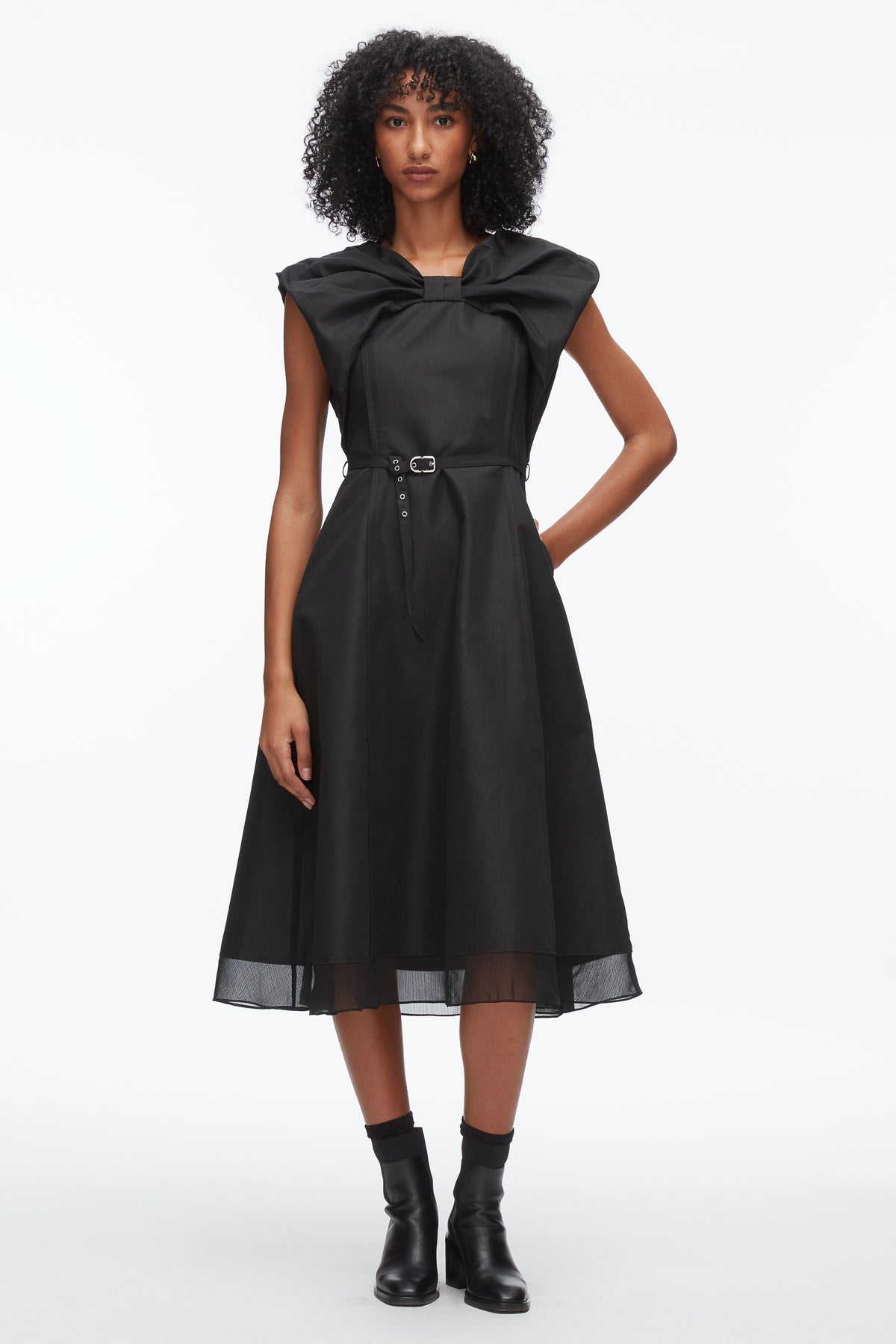 Draped Bow Dress with Belt - Black