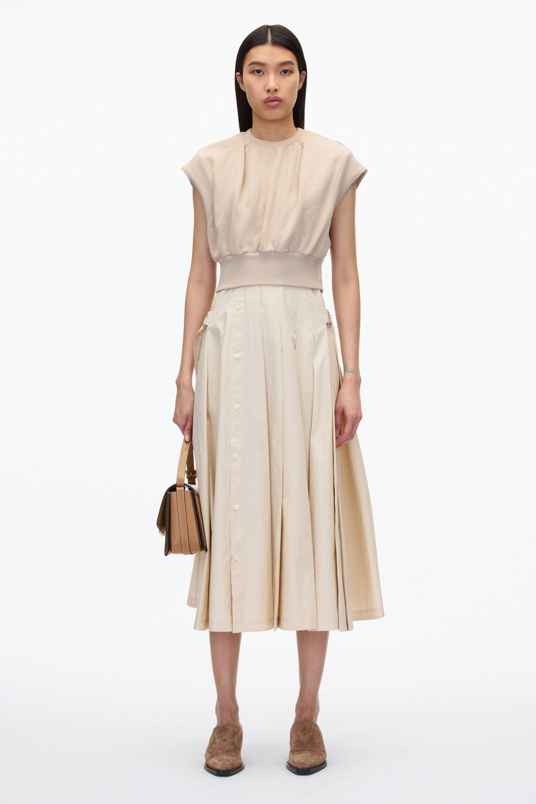3.1 Phillip Lim Sweatshirt Combo Dress with Pleated Skirt, Dk Chocolate, Women's, L, Casual & Work Dresses Shirtdresses Button-Down Shirt Dresses