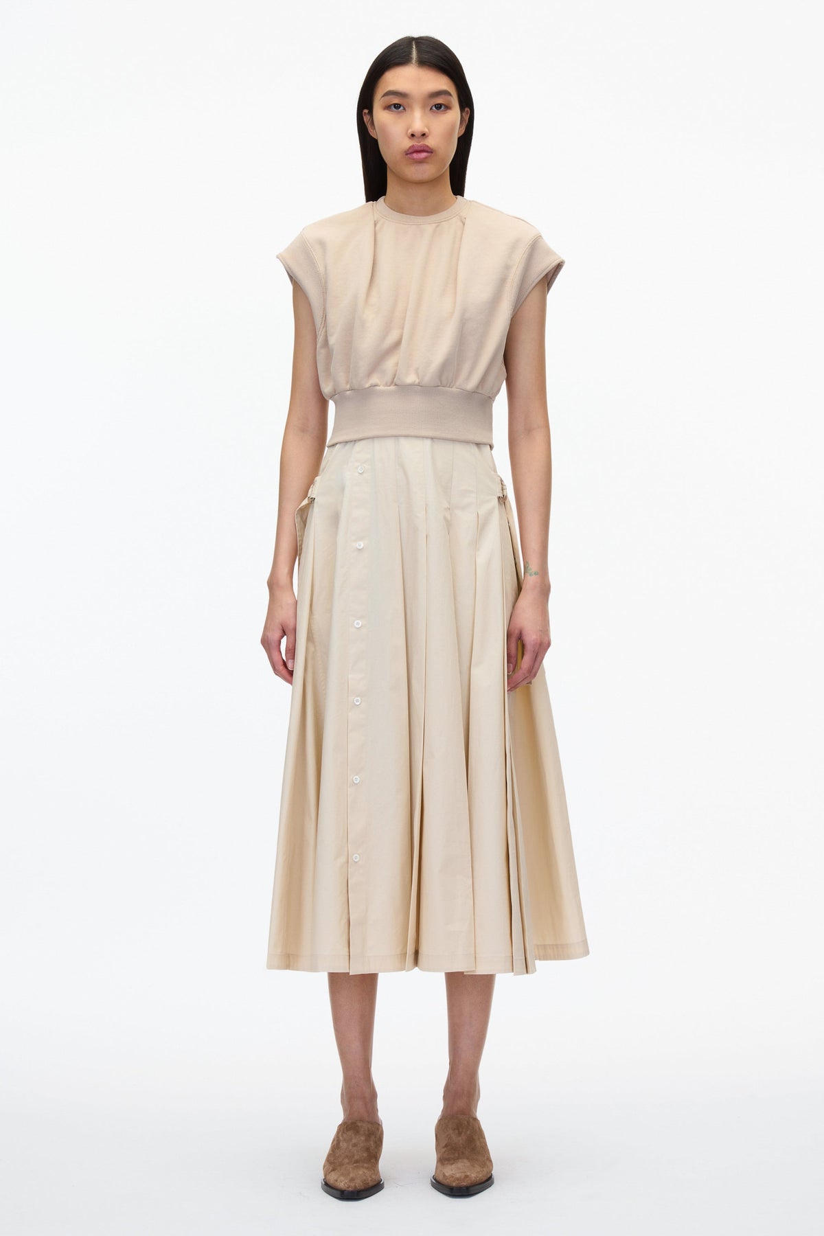 open lace back dress 3.1 Phillip Lim Sweatshirt Combo Dress with Pleated Skirt, Dk Chocolate, Women's, L, Casual & Work Dresses Shirtdresses Button-Down Shirt Dresses