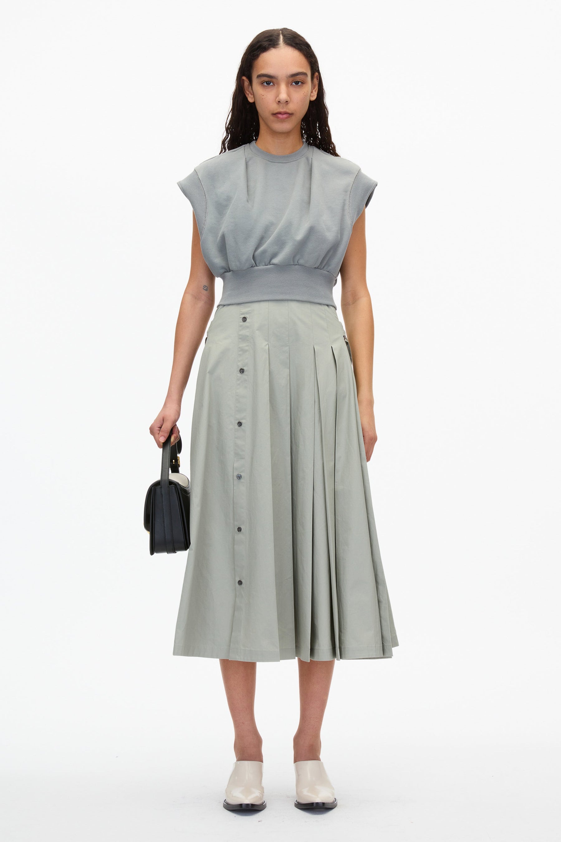 3.1 Phillip Lim Sweatshirt Combo Dress with Pleated Skirt, Dk Chocolate, Women's, L, Casual & Work Dresses Shirtdresses Button-Down Shirt Dresses