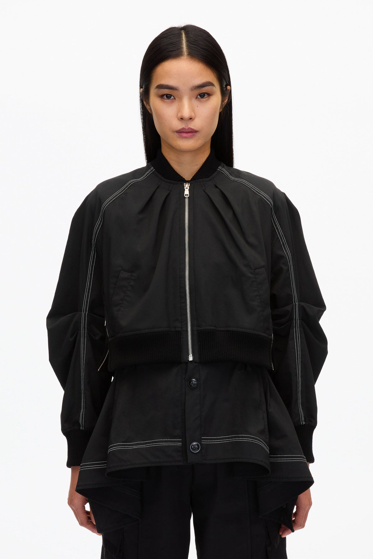 Black Layered Flounce Bomber Jacket | Phillip Lim Modern Jackets 