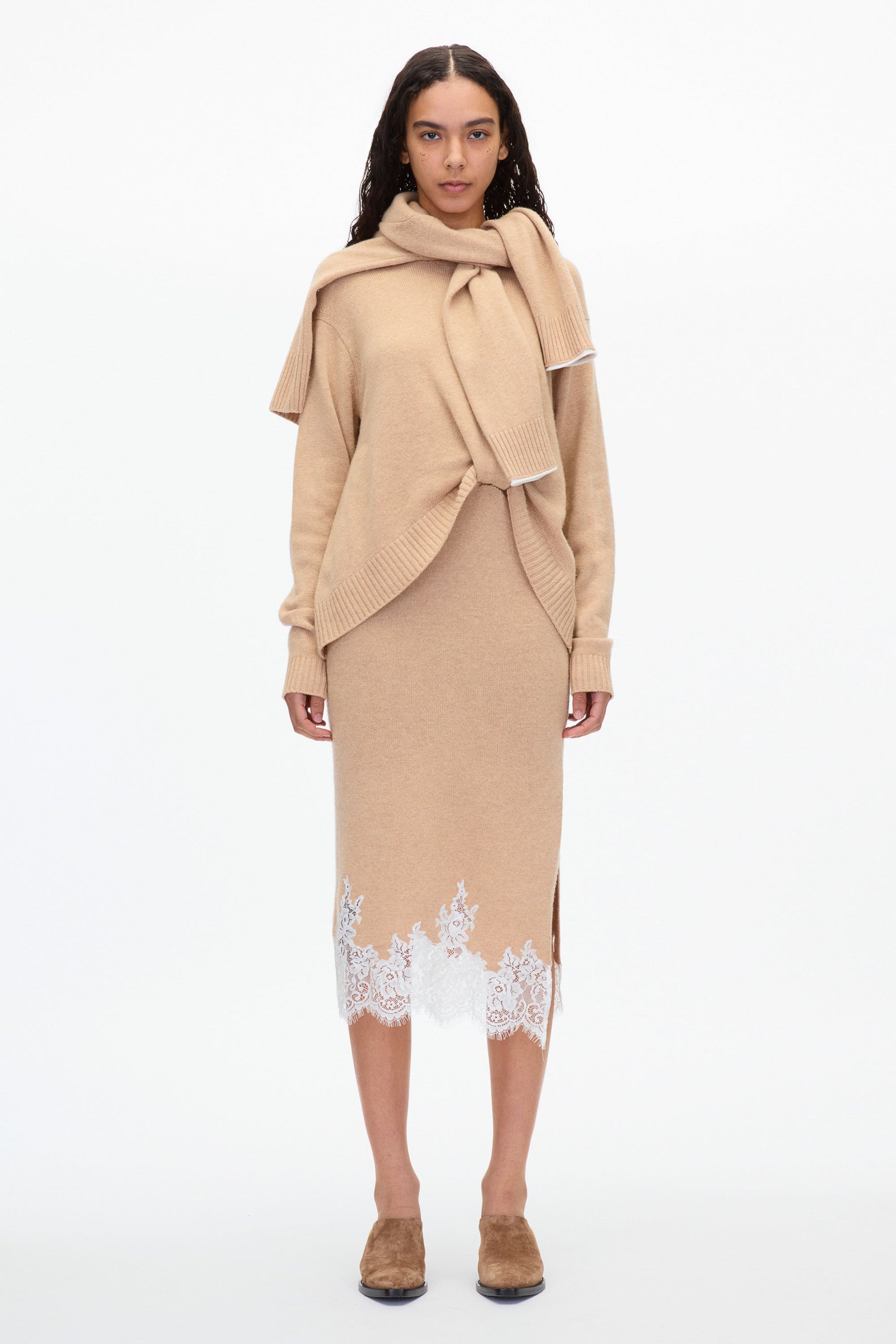 3.1 Phillip Lim French Tuck Knit Dress with Lace Trim Beige / Xs 3.1 Phillip Lim French Tuck Knit Dress with Lace Trim Beige / Xs