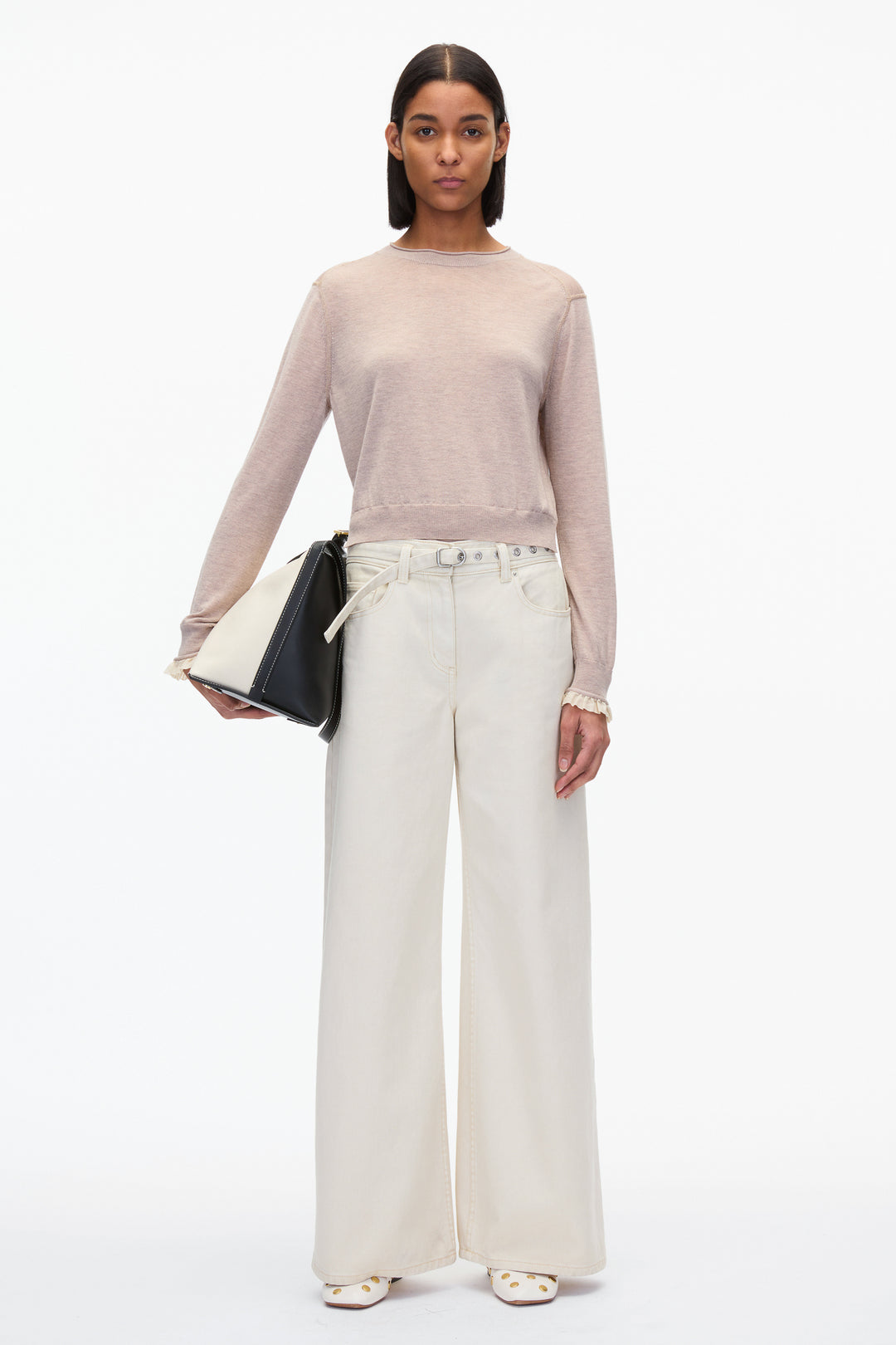 Layered Wool Silk Crew Sweater with Chiffon Cuff