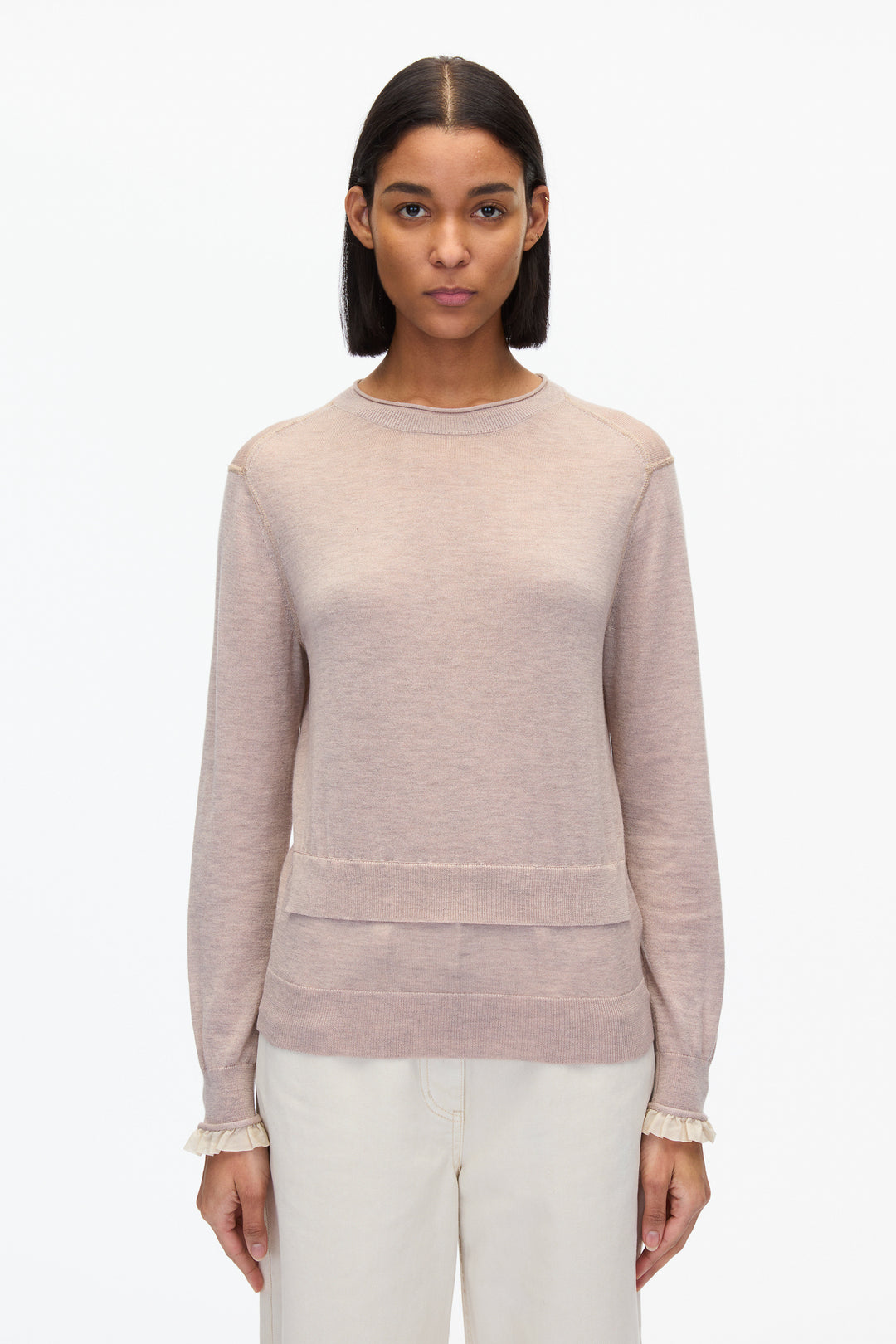 Layered Wool Silk Crew Sweater with Chiffon Cuff