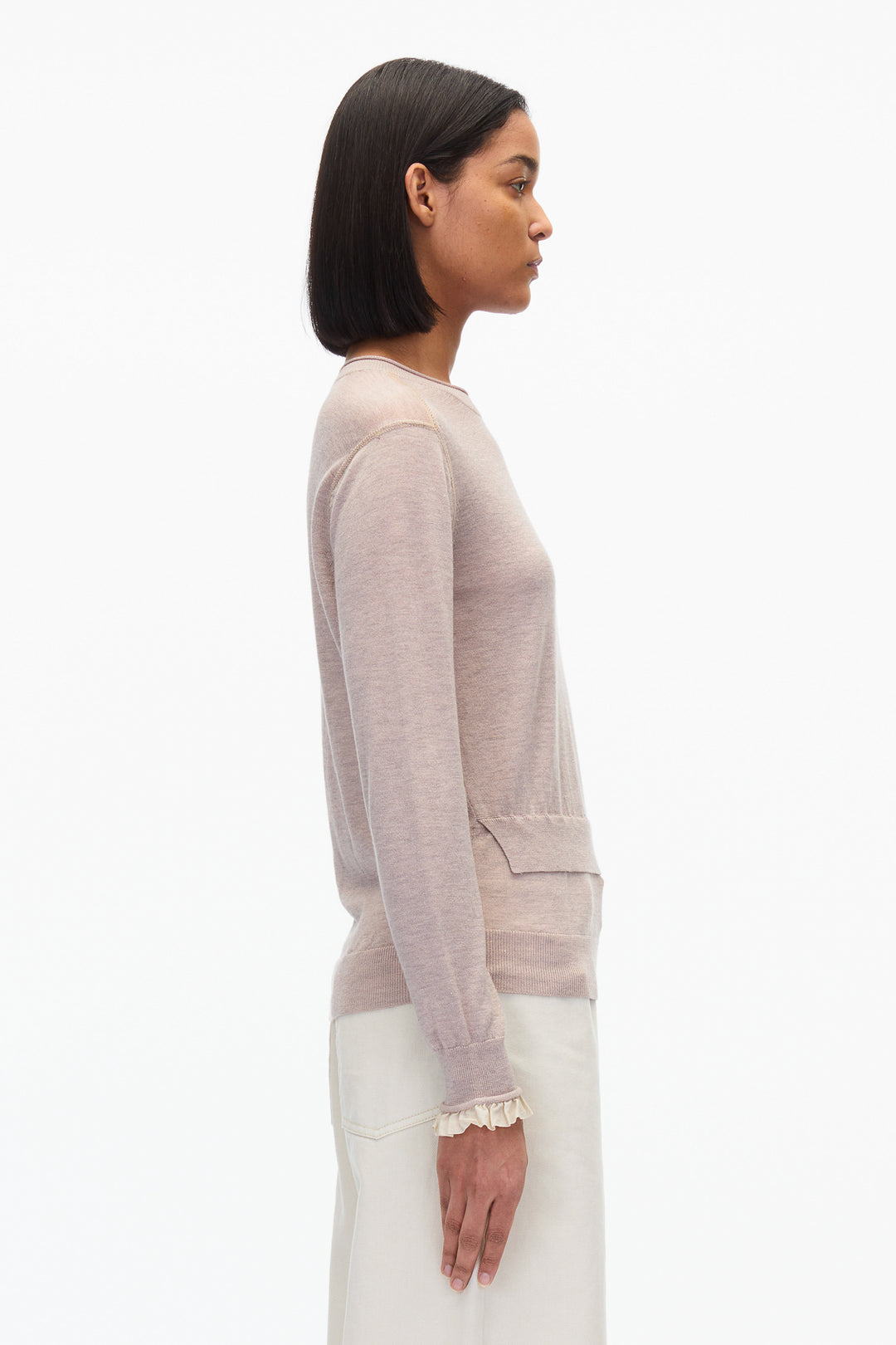 Layered Wool Silk Crew Sweater with Chiffon Cuff