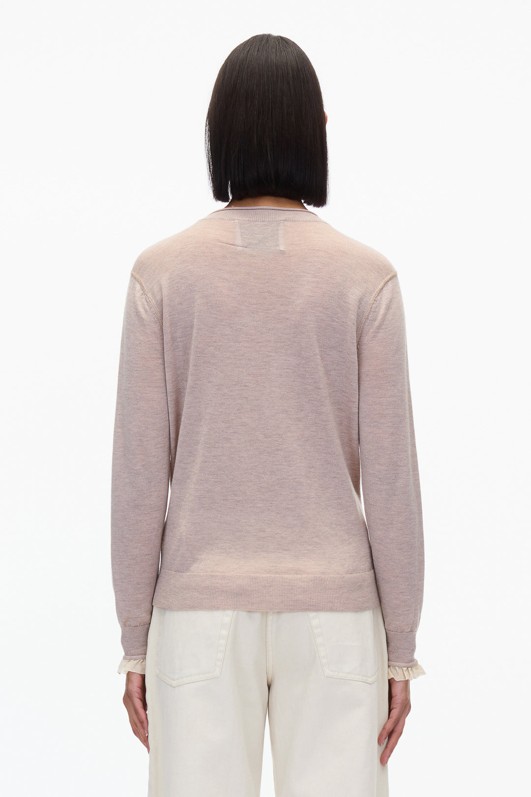Layered Wool Silk Crew Sweater with Chiffon Cuff