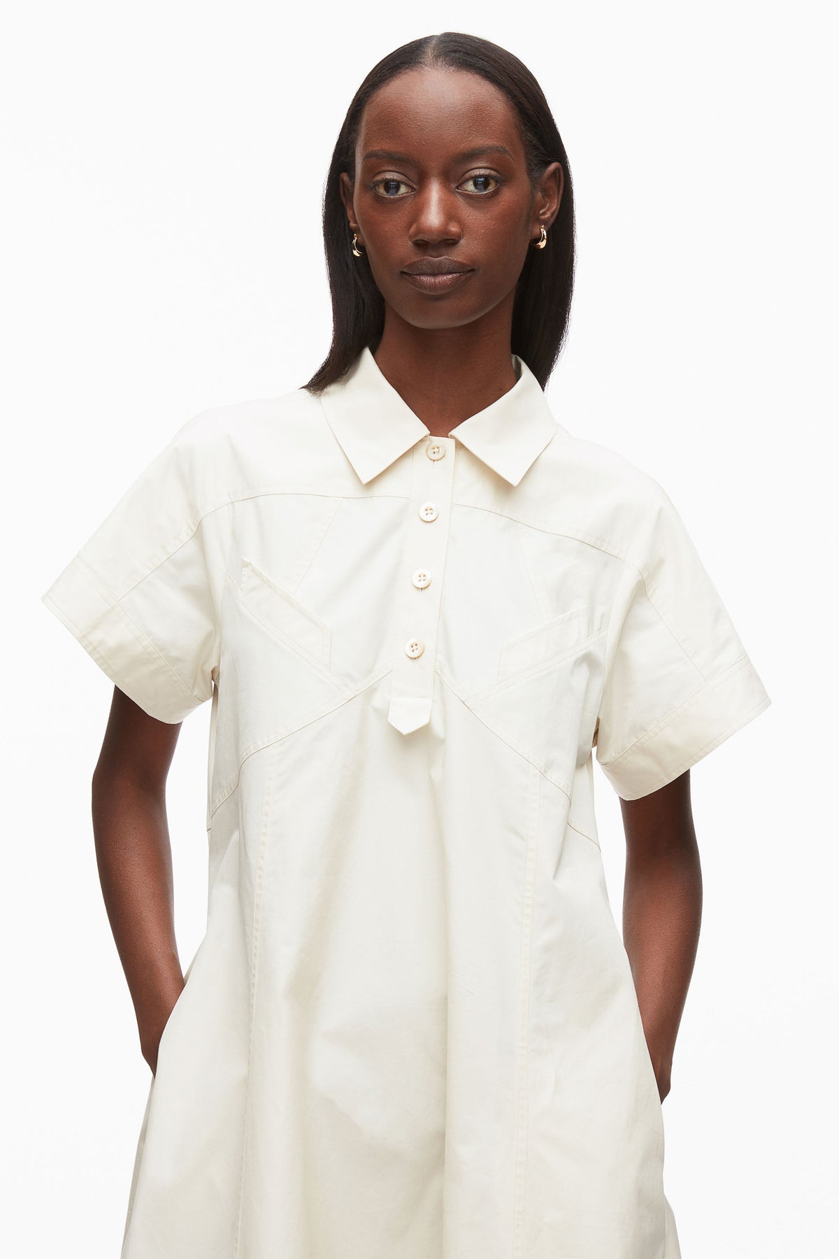 trapeze shirt dress Microlinen Collared Trapeze Dress w/ Flared Skirt