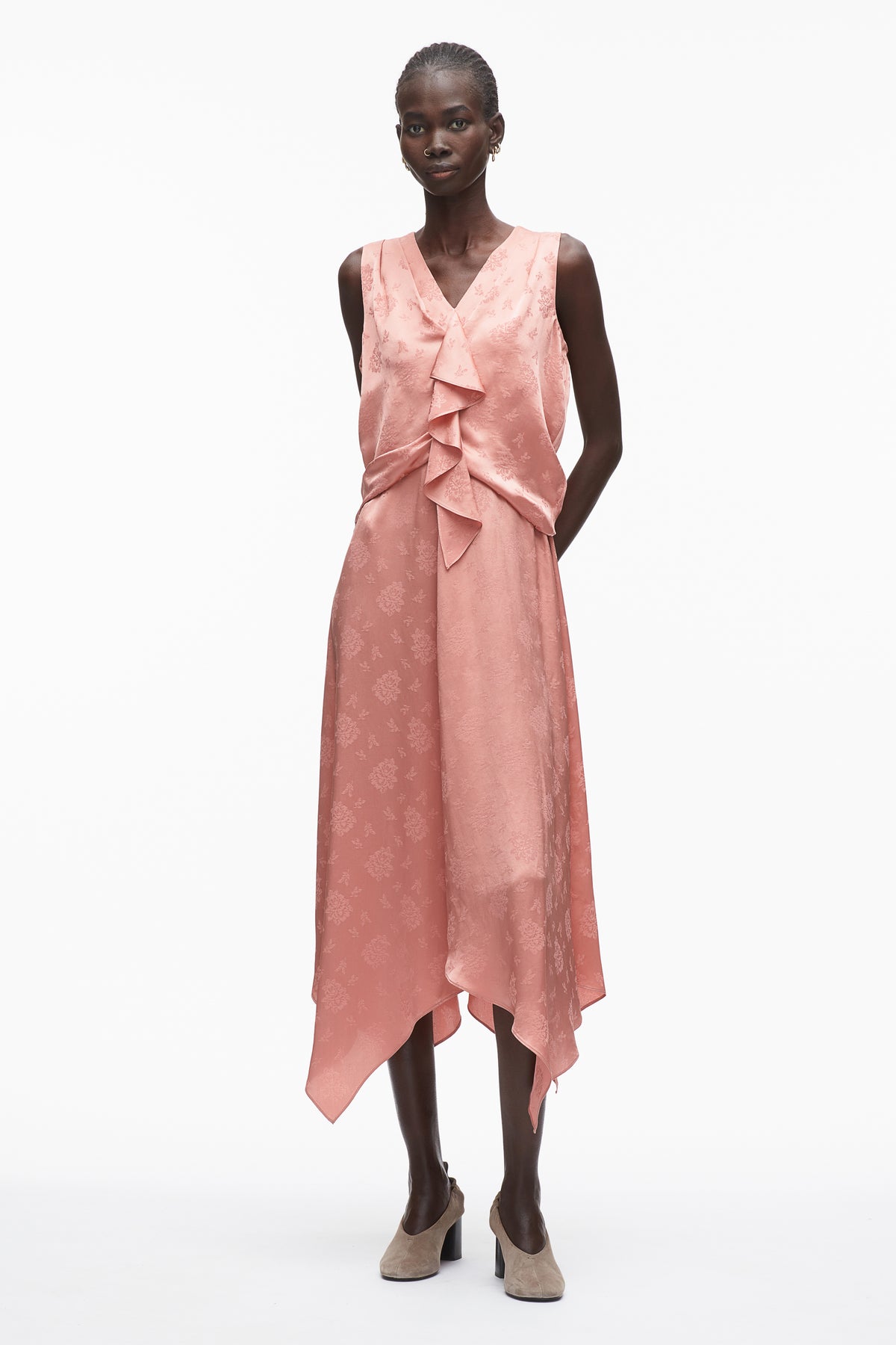 Floral Jacquard Draped Handkerchief Dress - 4