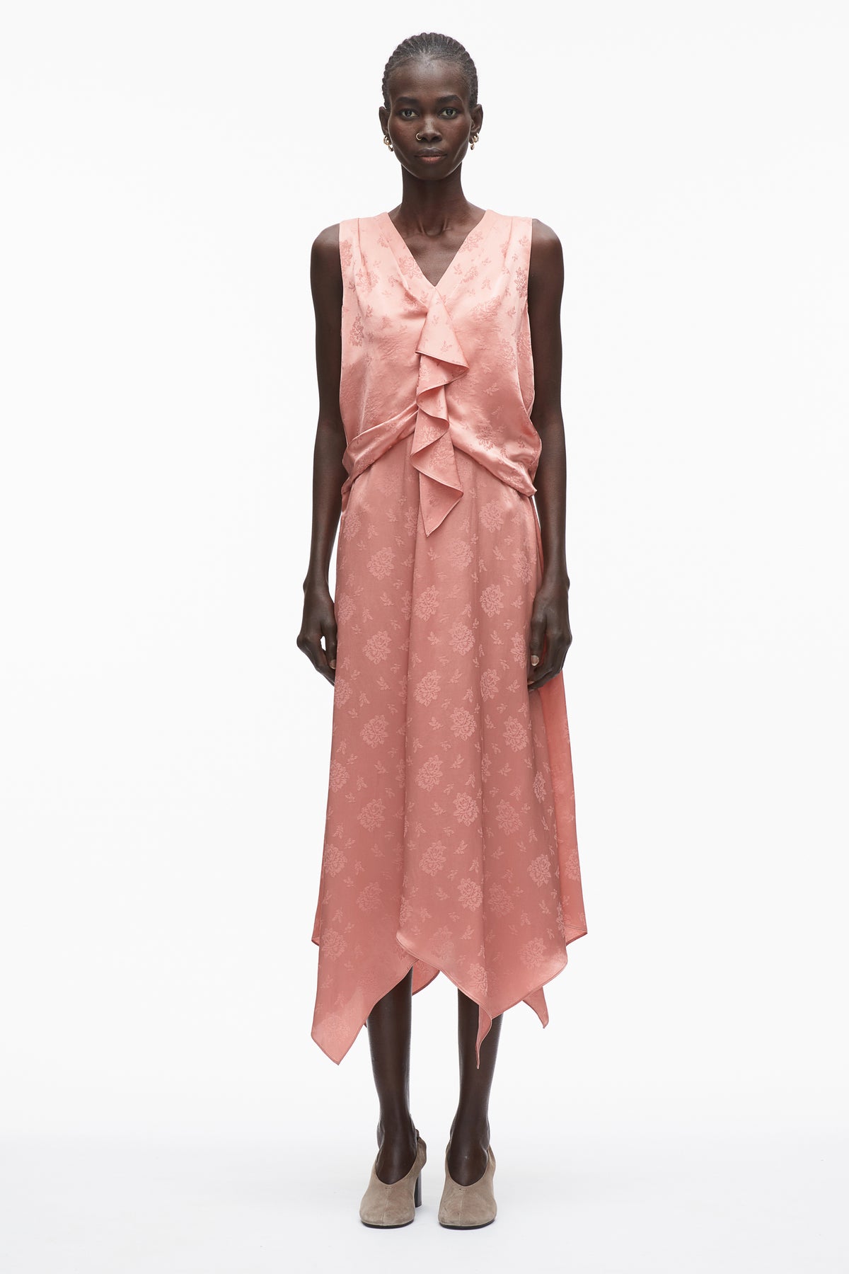 Floral Jacquard Draped Handkerchief Dress - 4