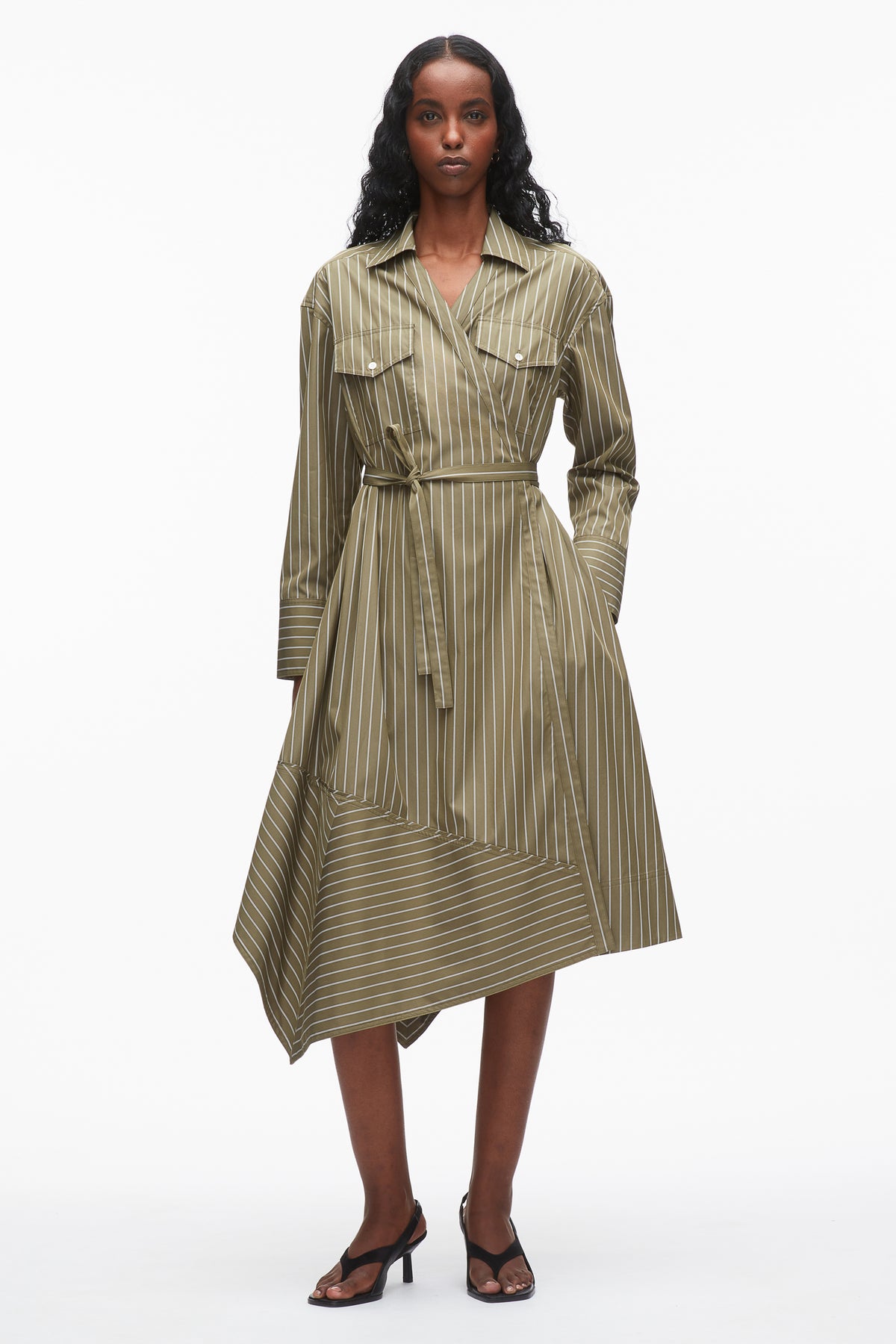 Stripe Poplin Wrap Shirt Dress - Olive MULTI