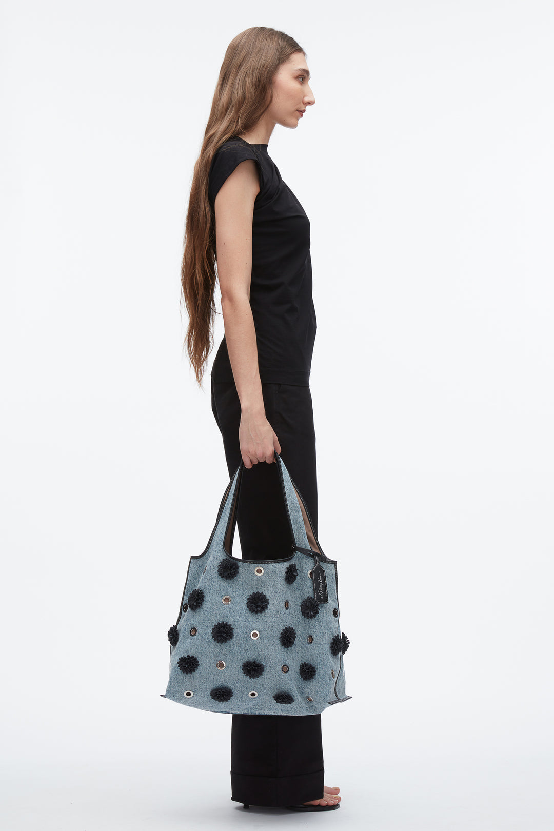 Denim Market Tote with Leather Flowers